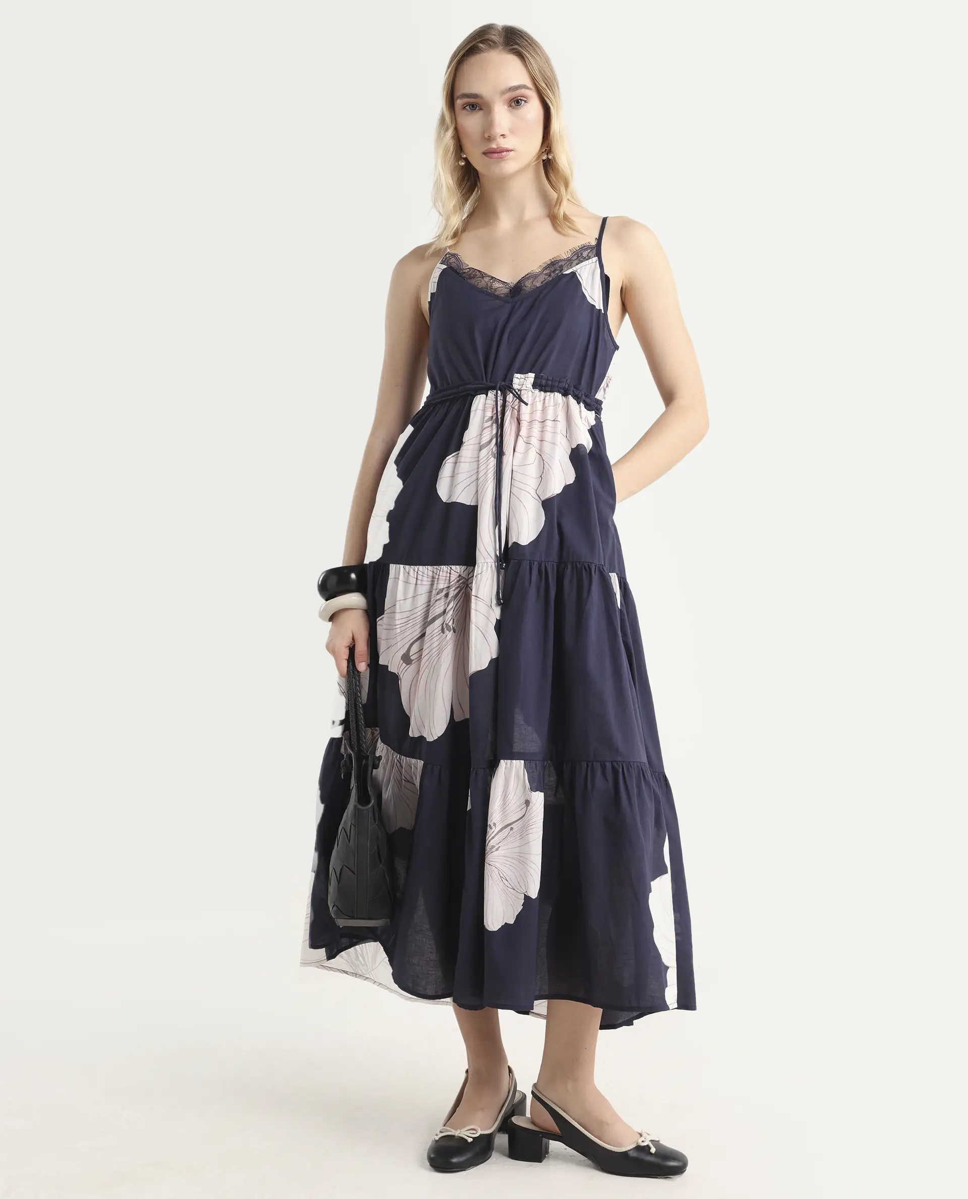 Rareism Women's Acker Navy Cotton V-Neck Floral Print Shoulder Strap Midi Relaxed Fit Dress