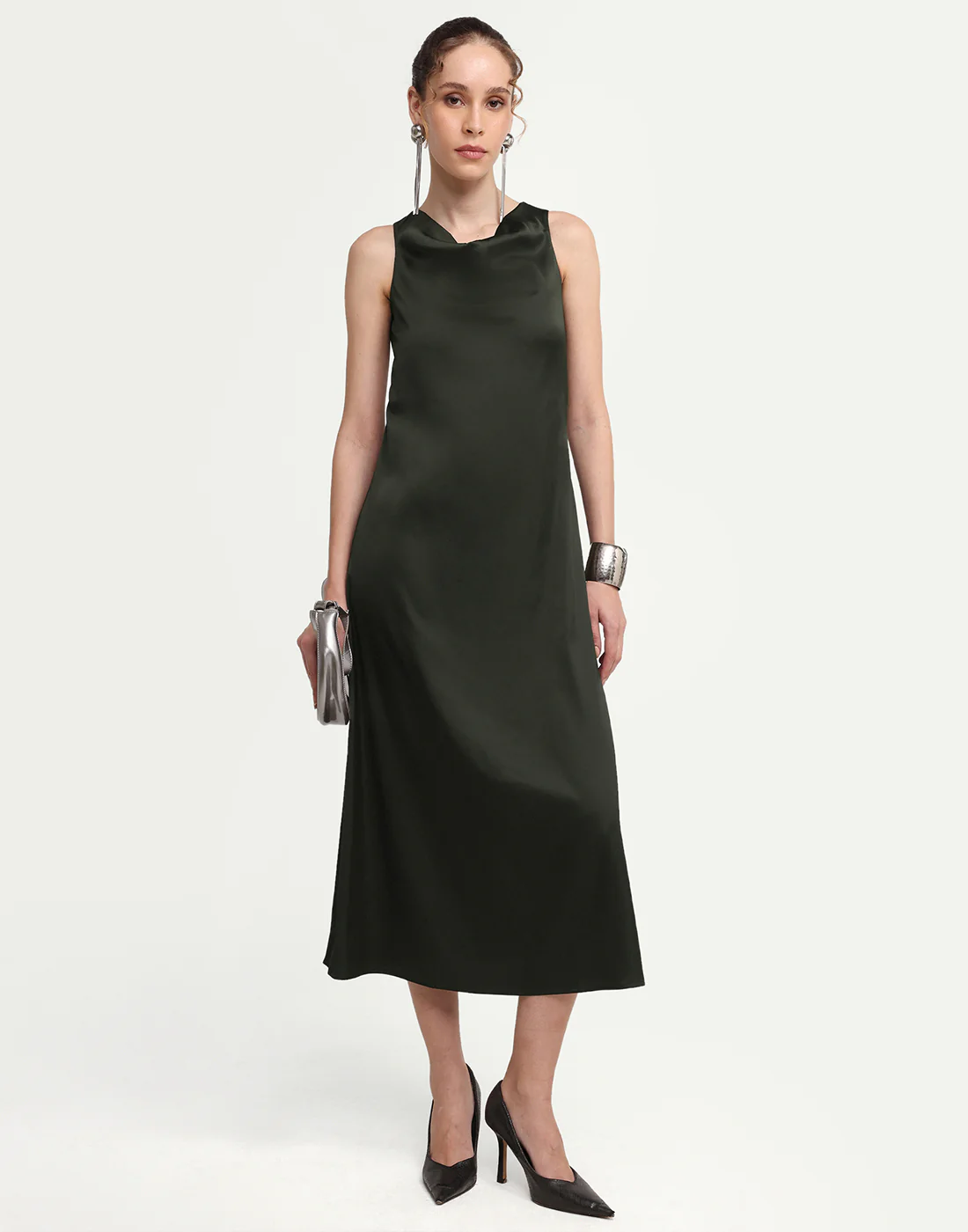 Rareism Women's Addina Olive Polyester Cowl Neck Pull-On Bodycon Plain Dress