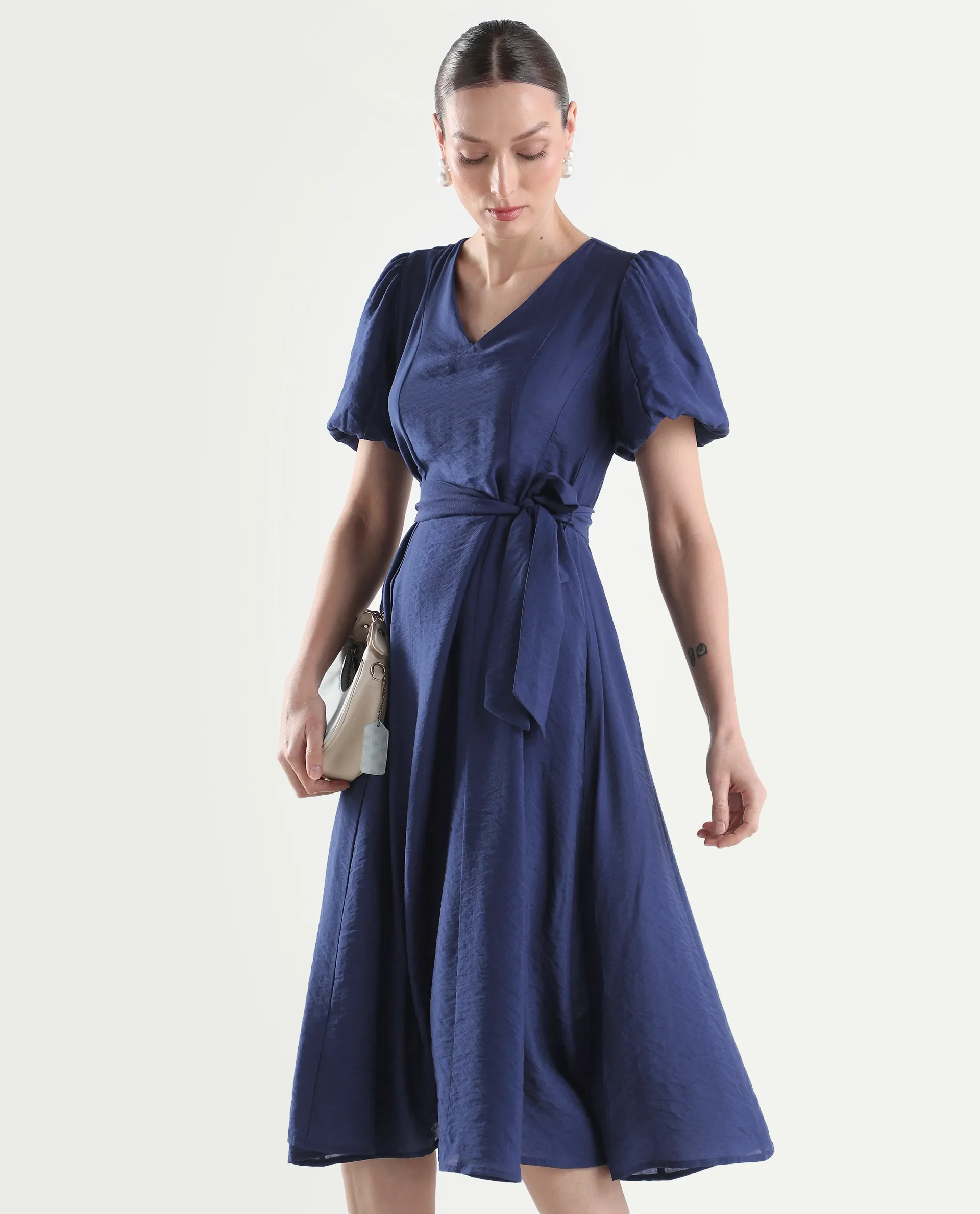 Rareism Women's Addvan Navy Half Sleeve V-Neck A-Line Plain Dress