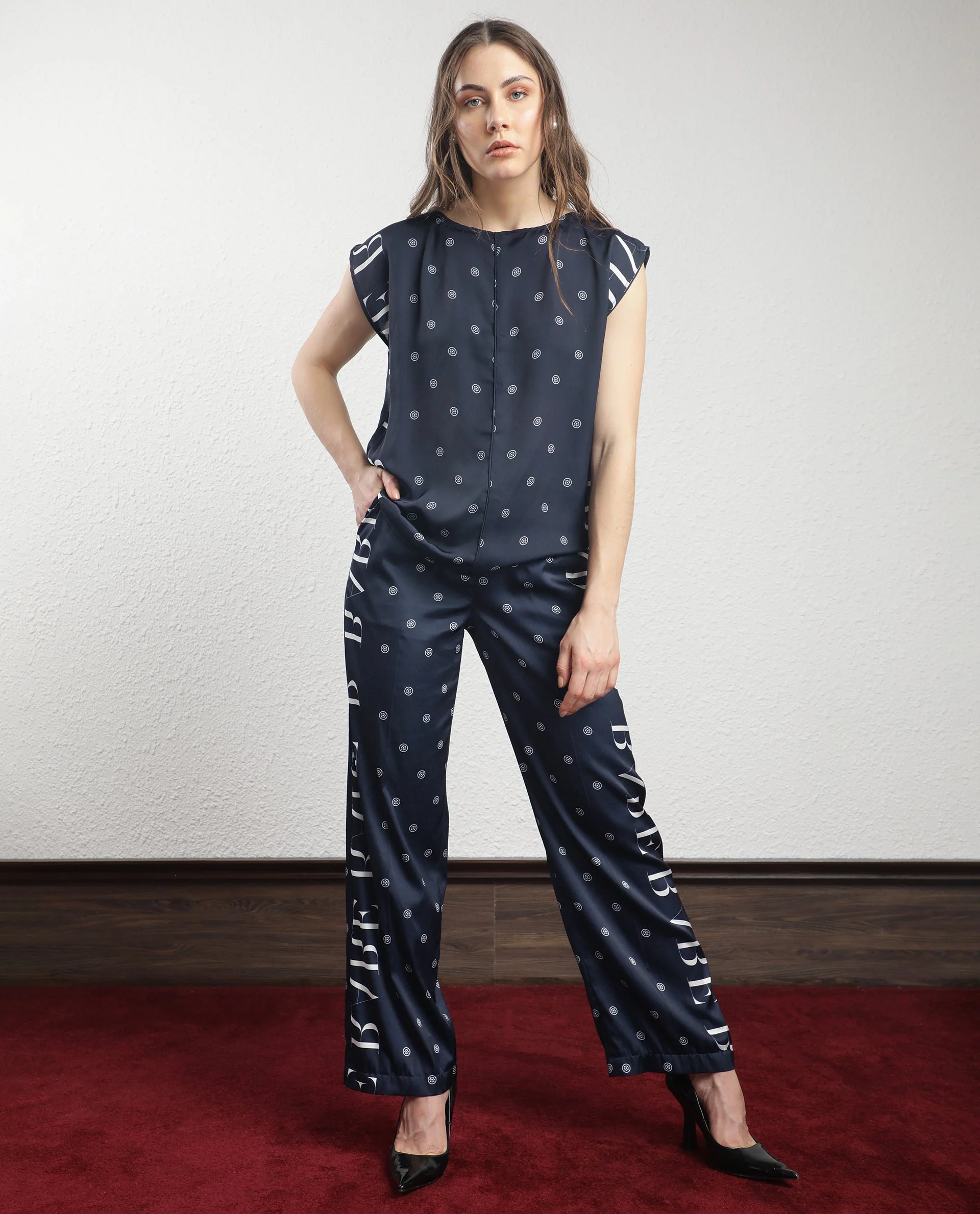 Rareism Women's Adelie Navy Polyester Polka Print Ankle Length Tailored Trouser