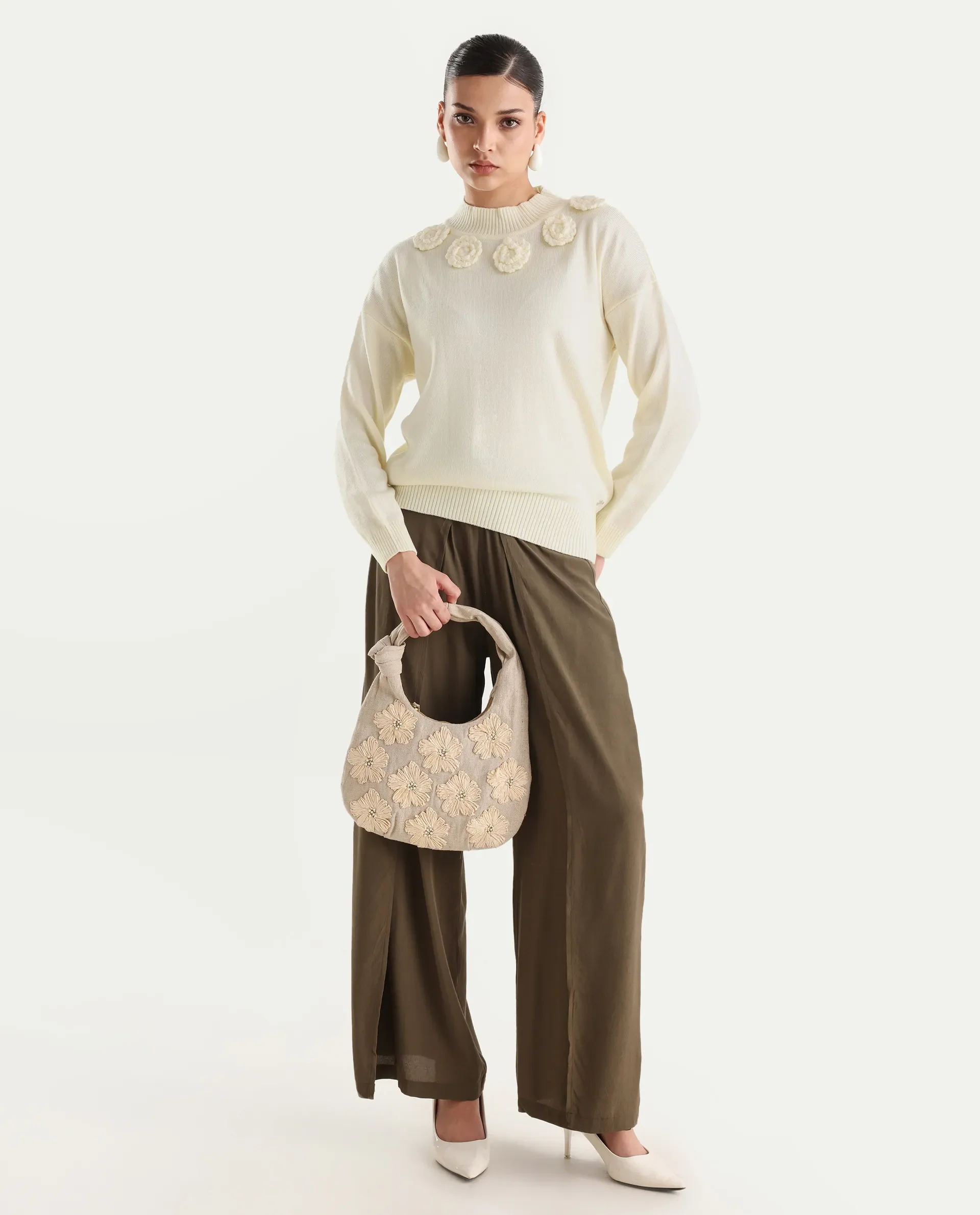 Rareism Women's Adhara Off White Acrylic High Neck Plain Regular Fit Sweater