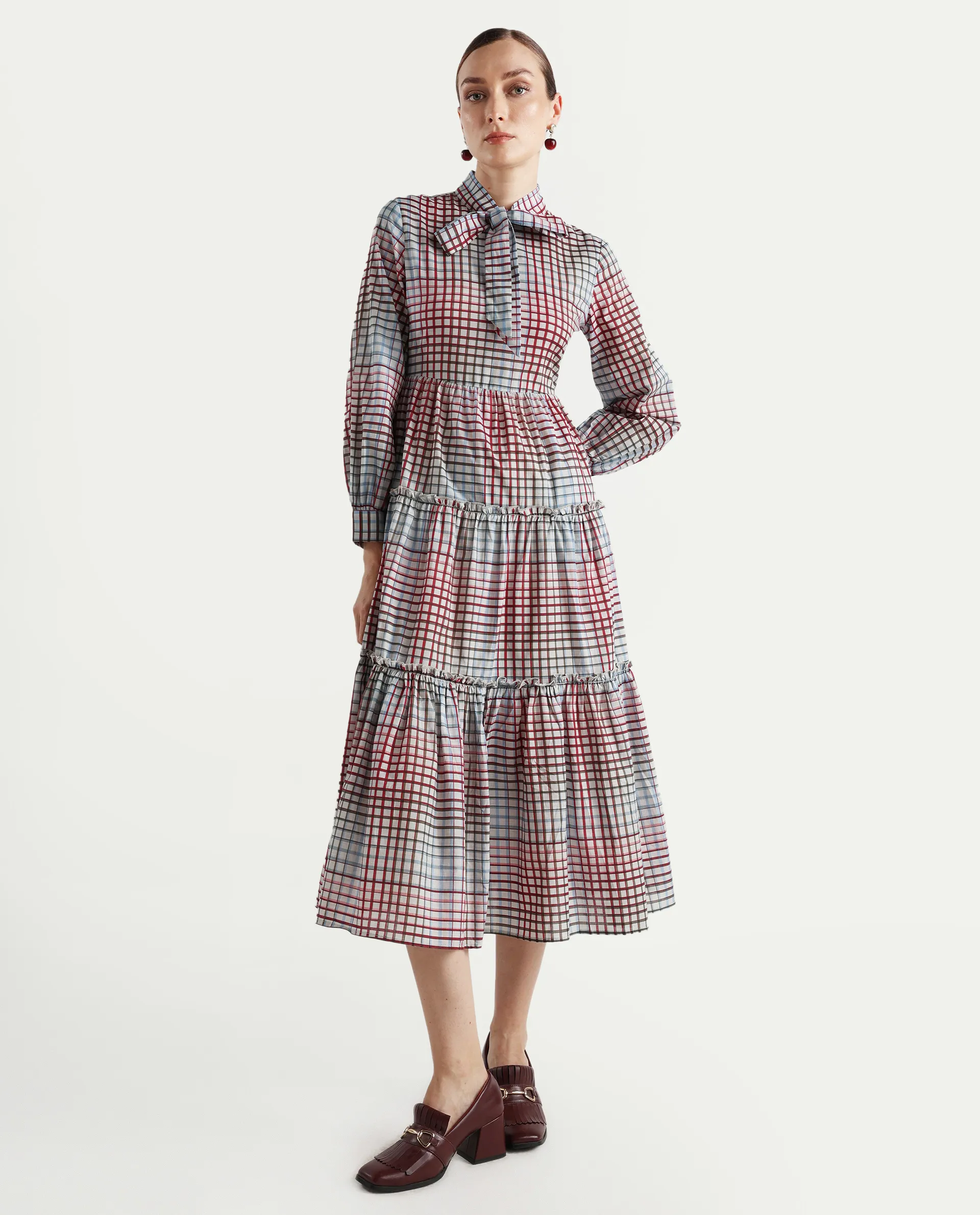 Rareism Women's Adilpi Multi Cotton Tie-Up Neck Flannel Print Bishop Sleeve Midi Fit And Flare Dress