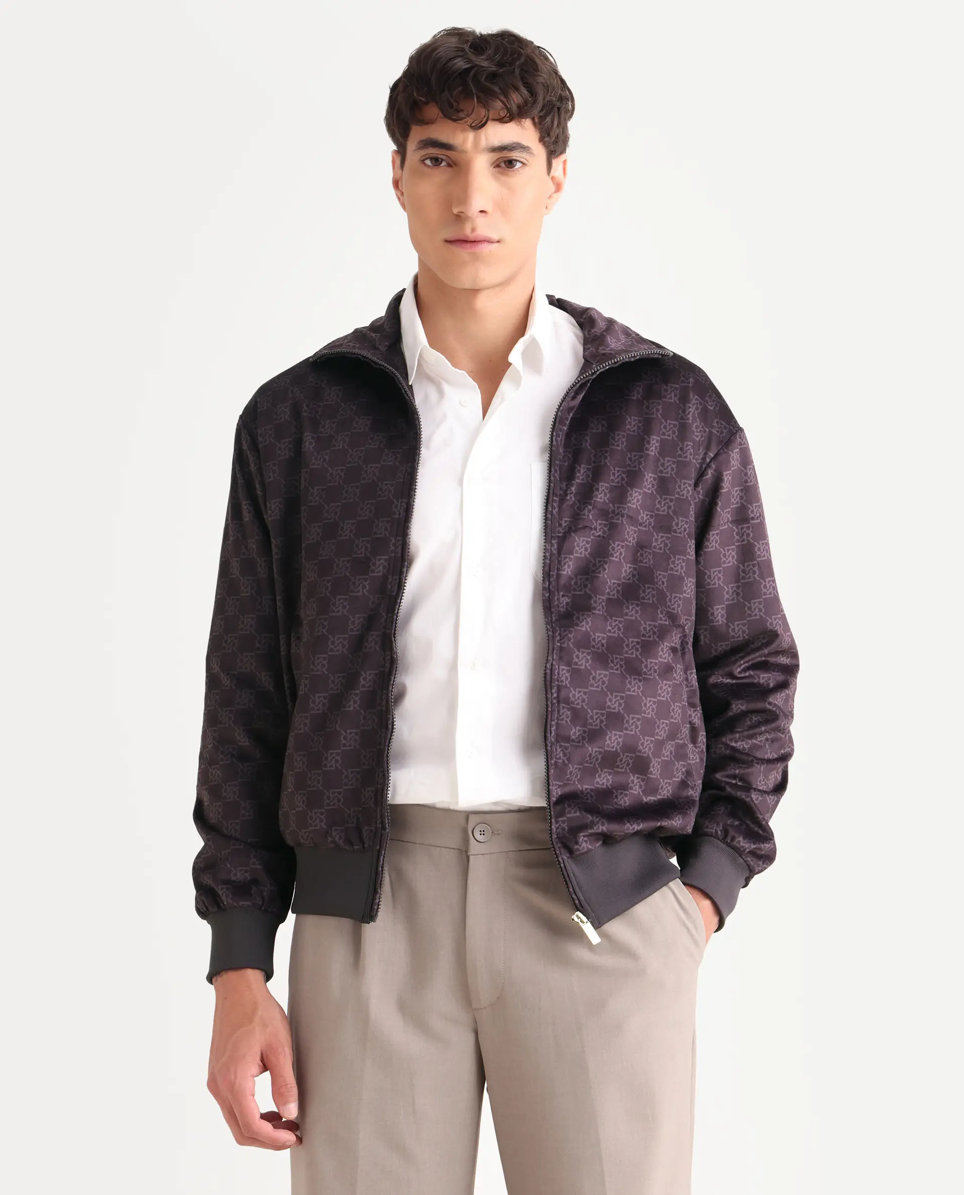 Rare Rabbit Men's Adiso-Dp Dark Brown Polyester Fabric High Neck Regular Fit Geometric Print Jacket