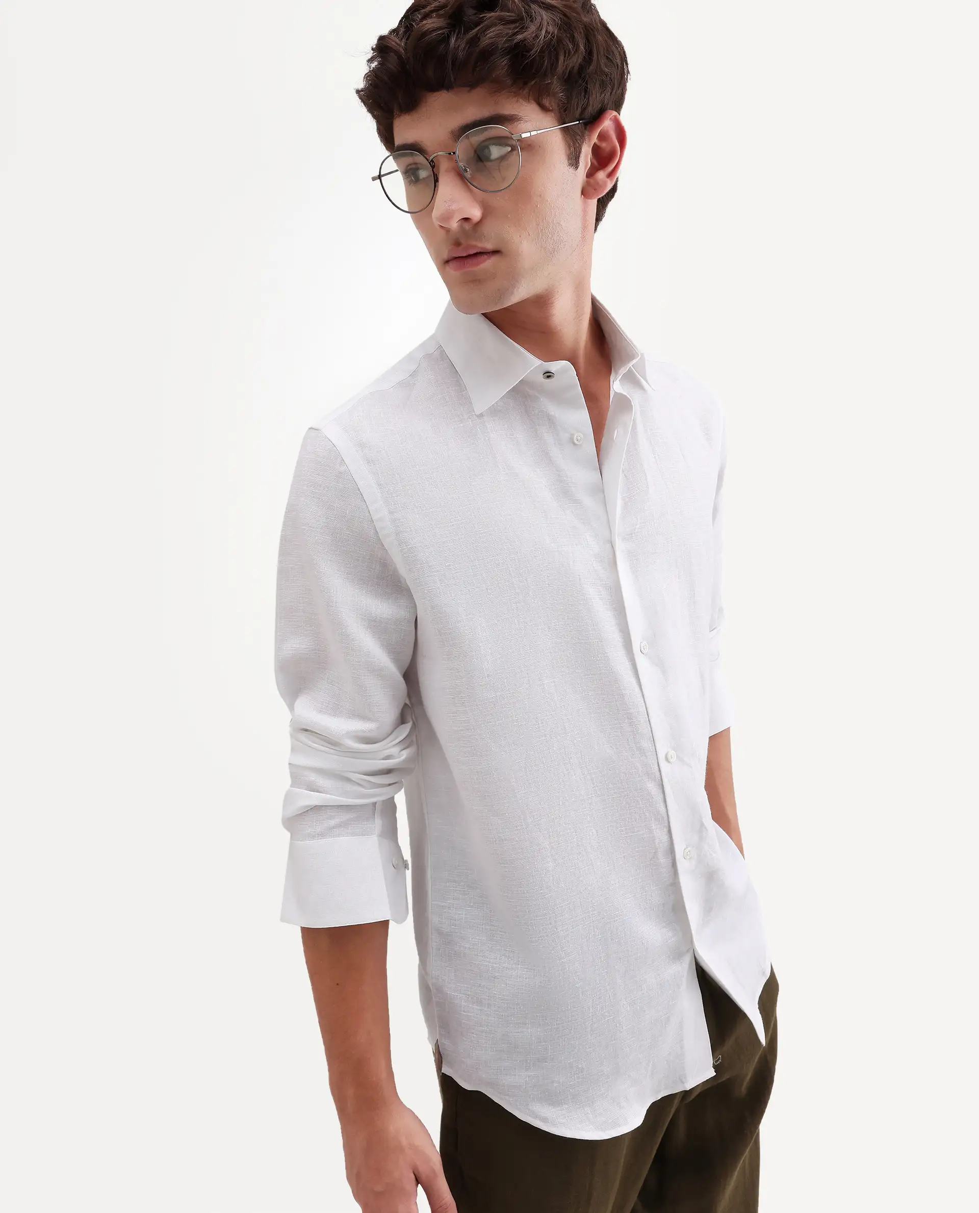 Rare Rabbit Men's Aeri-Fs White Linen Blend Fabric Full Sleeve Spread Collar Button Regular Plain Shirt