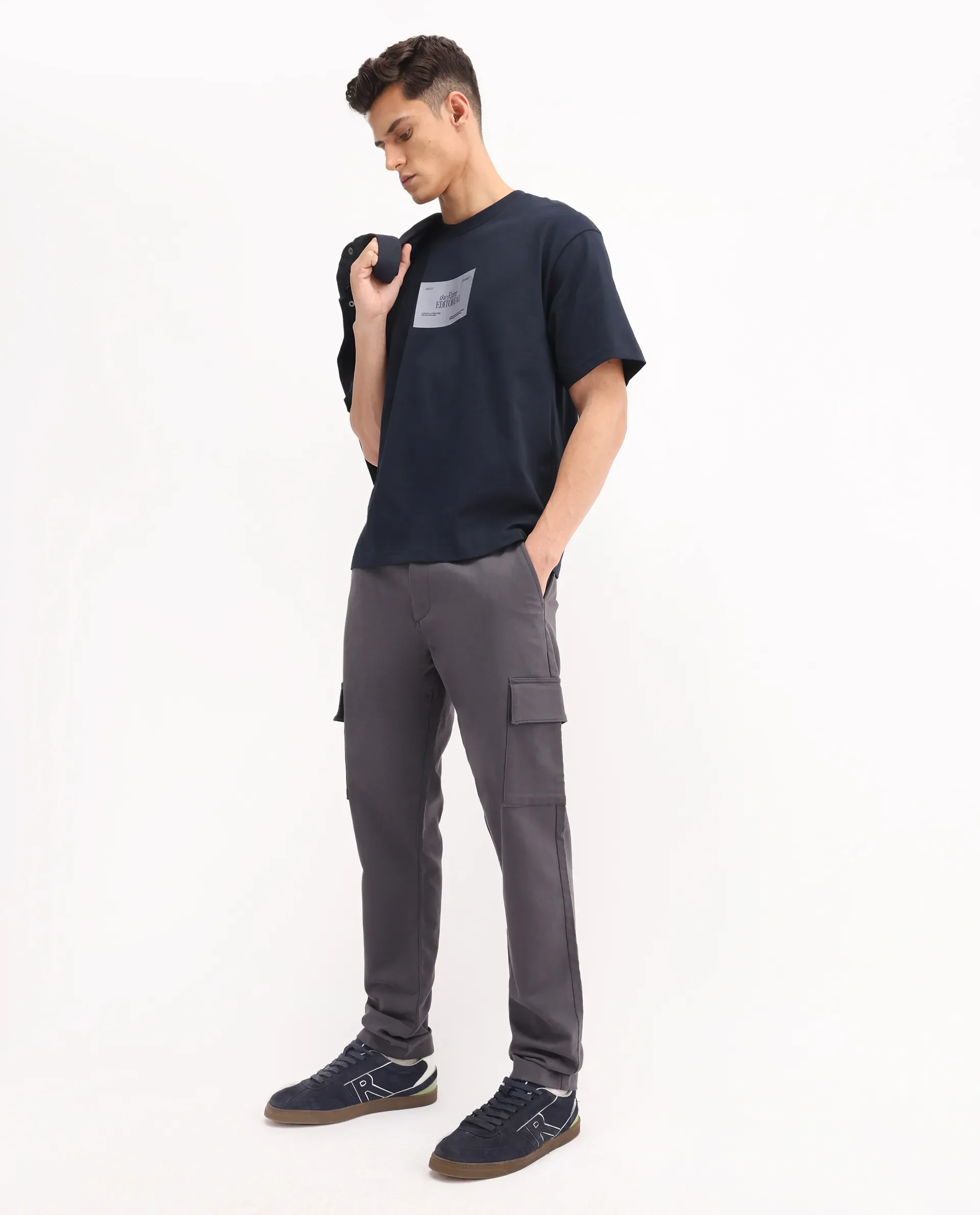 Rare Rabbit Men's Aero Dark Grey Cotton Blend Plain Relaxed Fit Trouser
