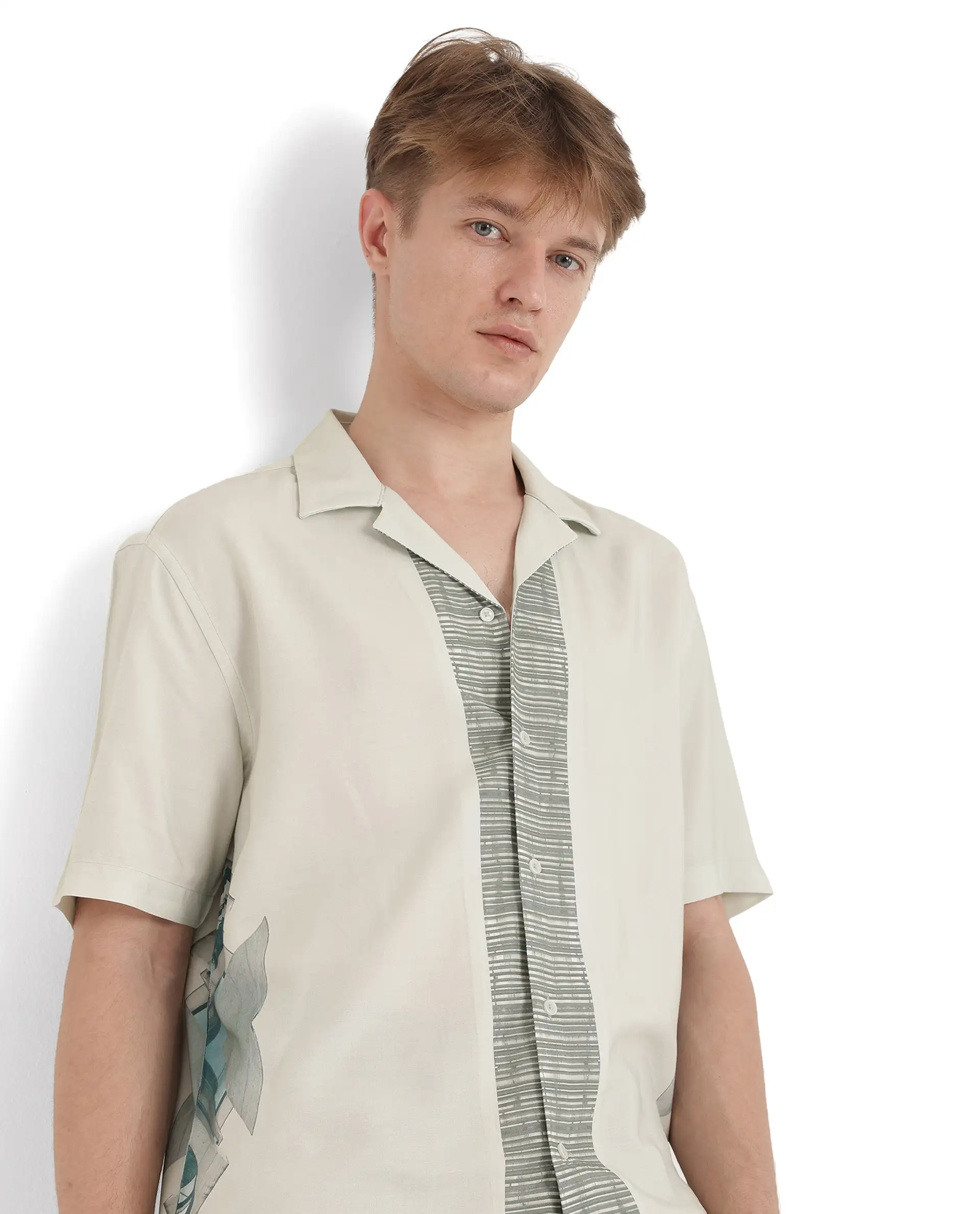 Rare Rabbit Men's Aeron Pastel Green Cotton Printed Boxy Fit Half Sleeve Cuban Collar Shirt