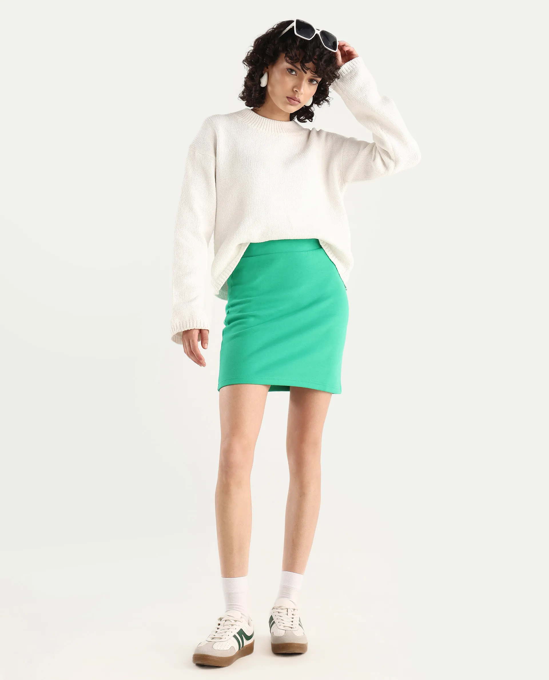 Rareism Women's Afkor B Green Cotton Plain Mini Regular Fit Skirt