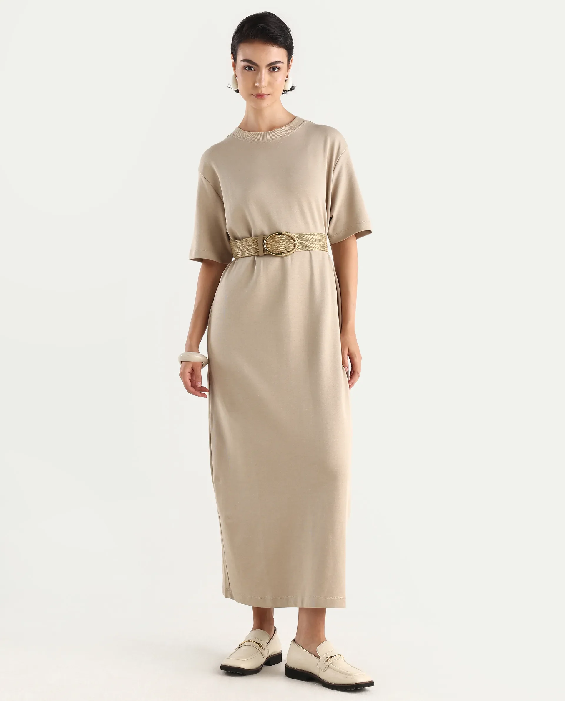 Rareism Women's Afrinca - Beige Cotton Blend Crew Neck Plain Maxi Relaxed Fit Dress