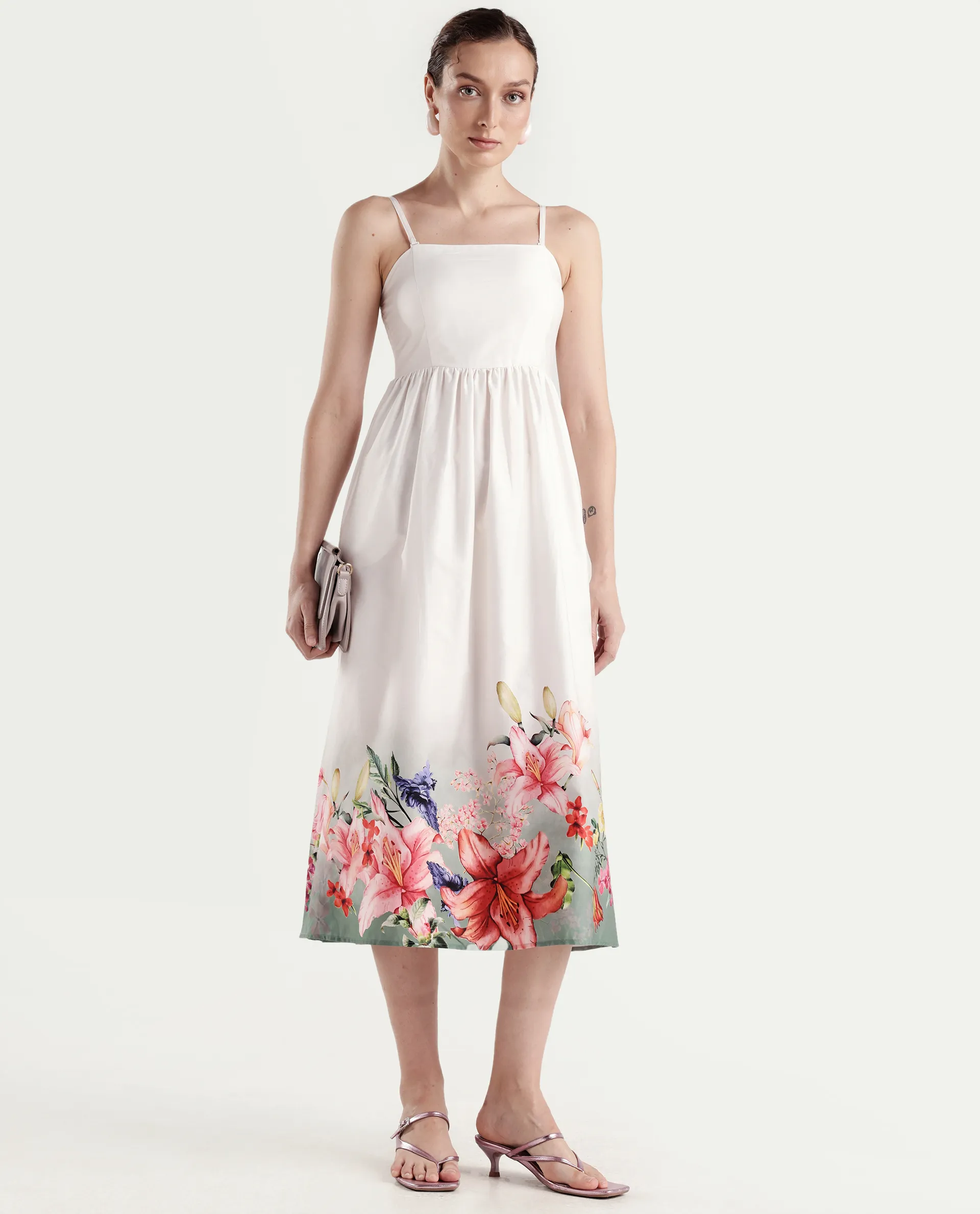 Rareism Women's Agate Off White Cotton Sleeveless Fit And Flare Printed Dress