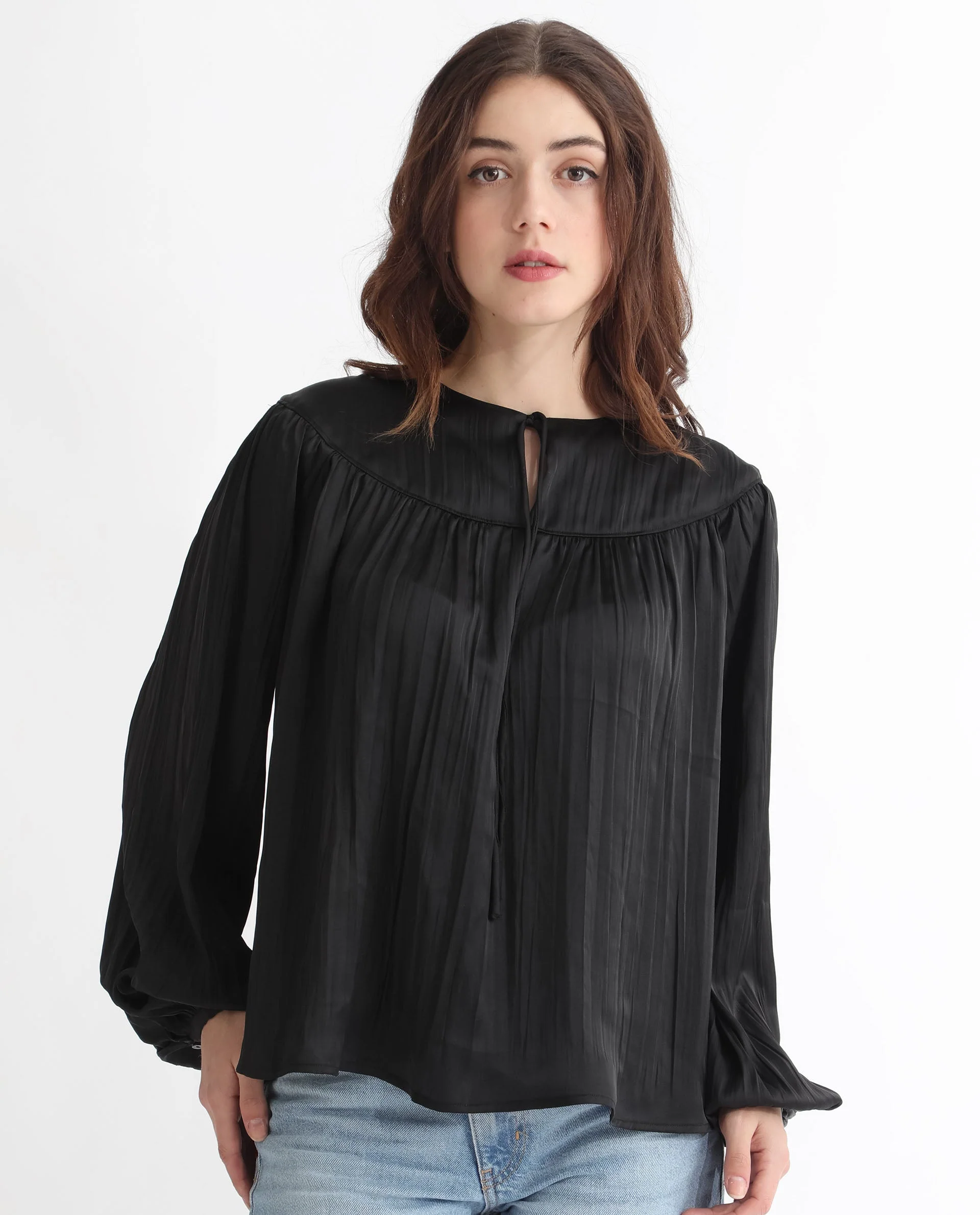 Rareism Women's Agathe Black Polyester Tie-Up Neck Plain Balloon Sleeve Relaxed Fit Top