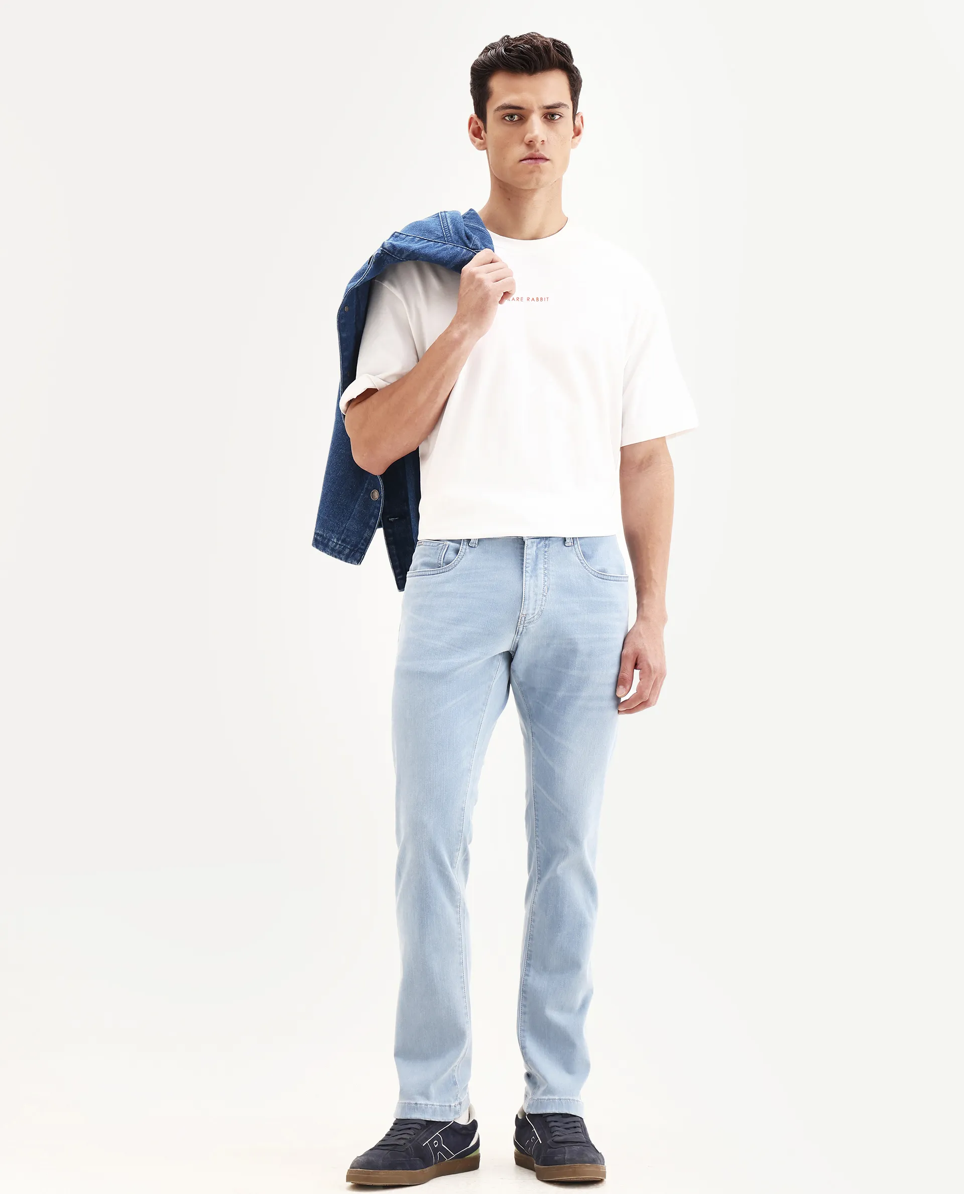 Rare Rabbit Men's Airus-S Light Blue Cotton Fabric Hawk Slim Plain Jeans