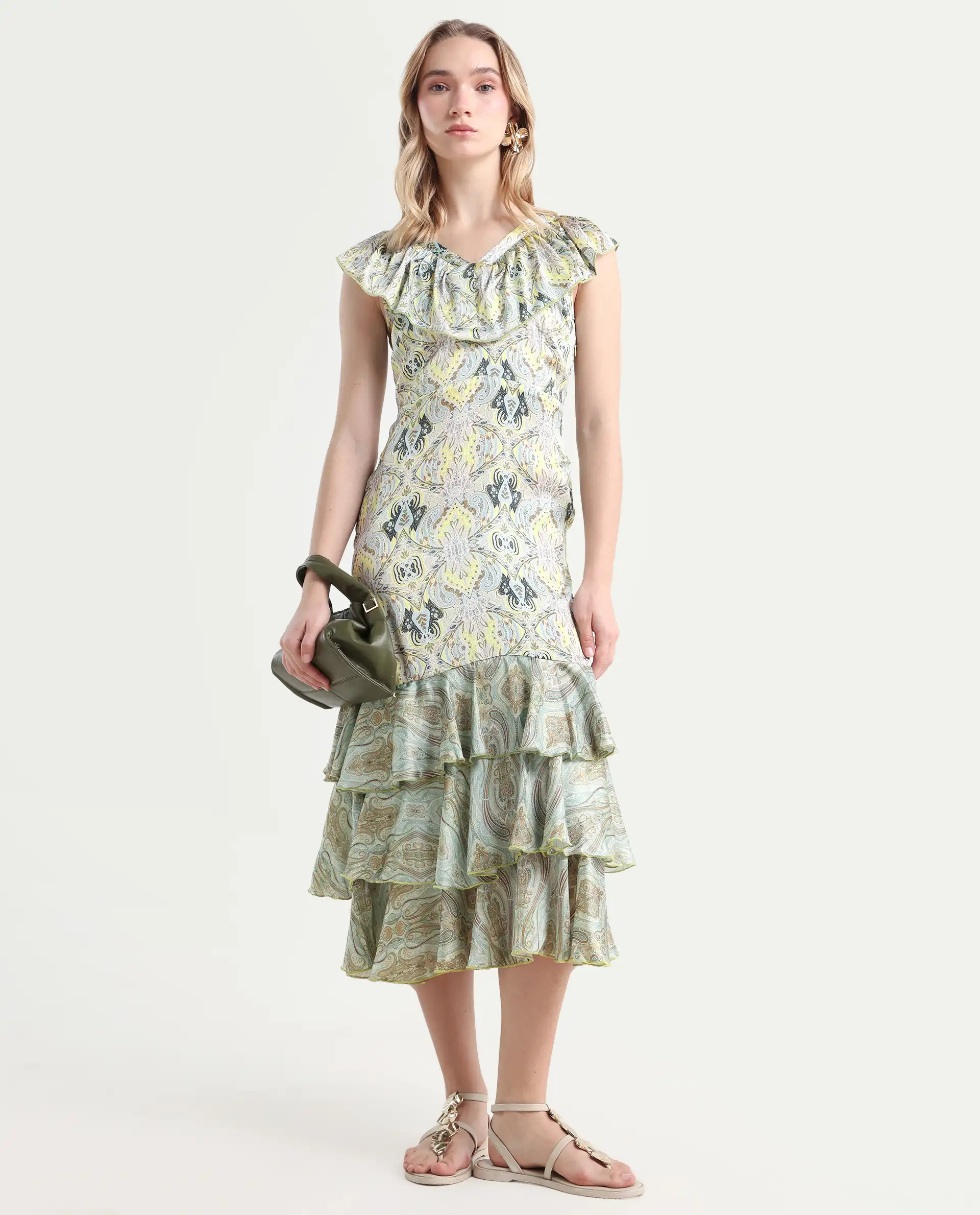 Rareism Women's Aishia Offwhite Polyester Sweetheart Neck Paisley Print Sleeveless Midi Regular Fit Dress