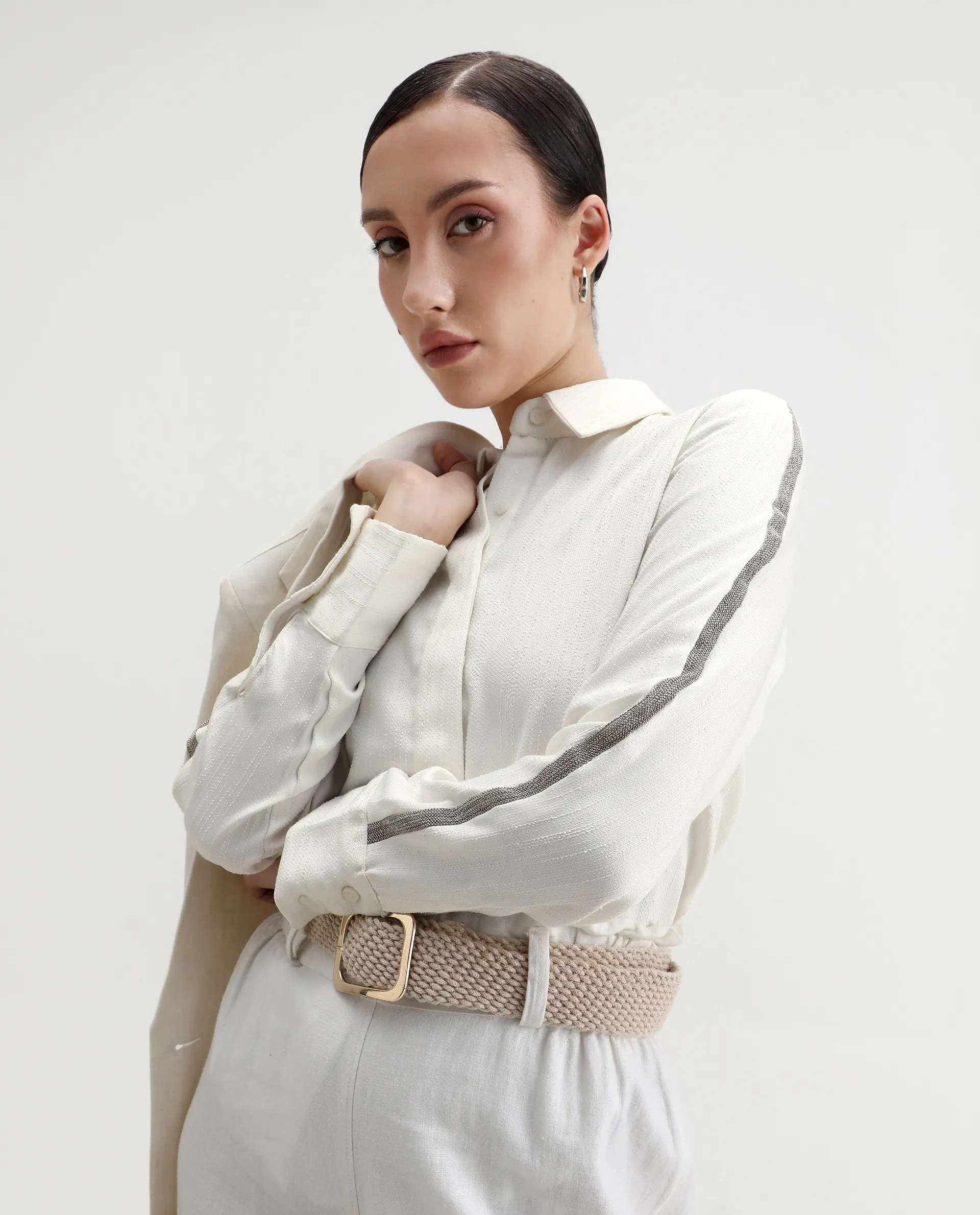 Rareism Women's Aivva White Satin Drop Collar Dyed Cuffed Sleeve Regular Fit Shirt