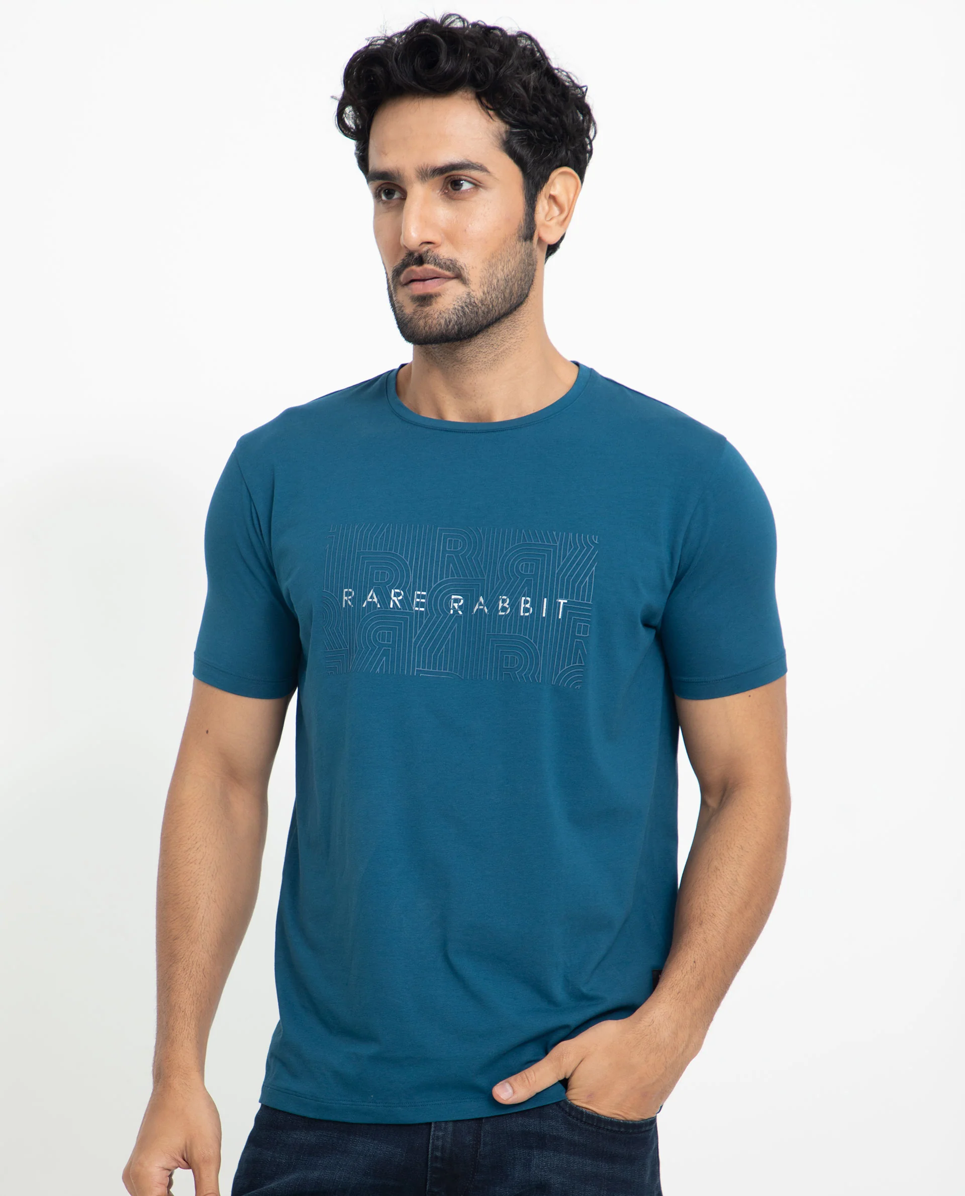 Rare Rabbit Men's Alanet Teal Cotton Graphic Print Slim Fit Half Sleeve Crew Neck T-Shirt