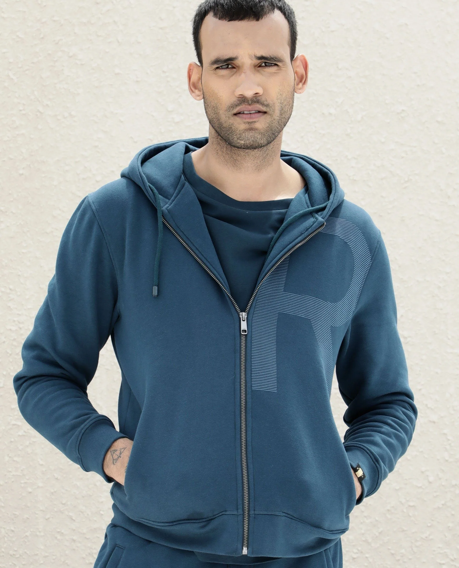 Rare Rabbit Men's Albell Petrol Cotton Printed Regular Fit Full Sleeve Hooded Sweatshirt