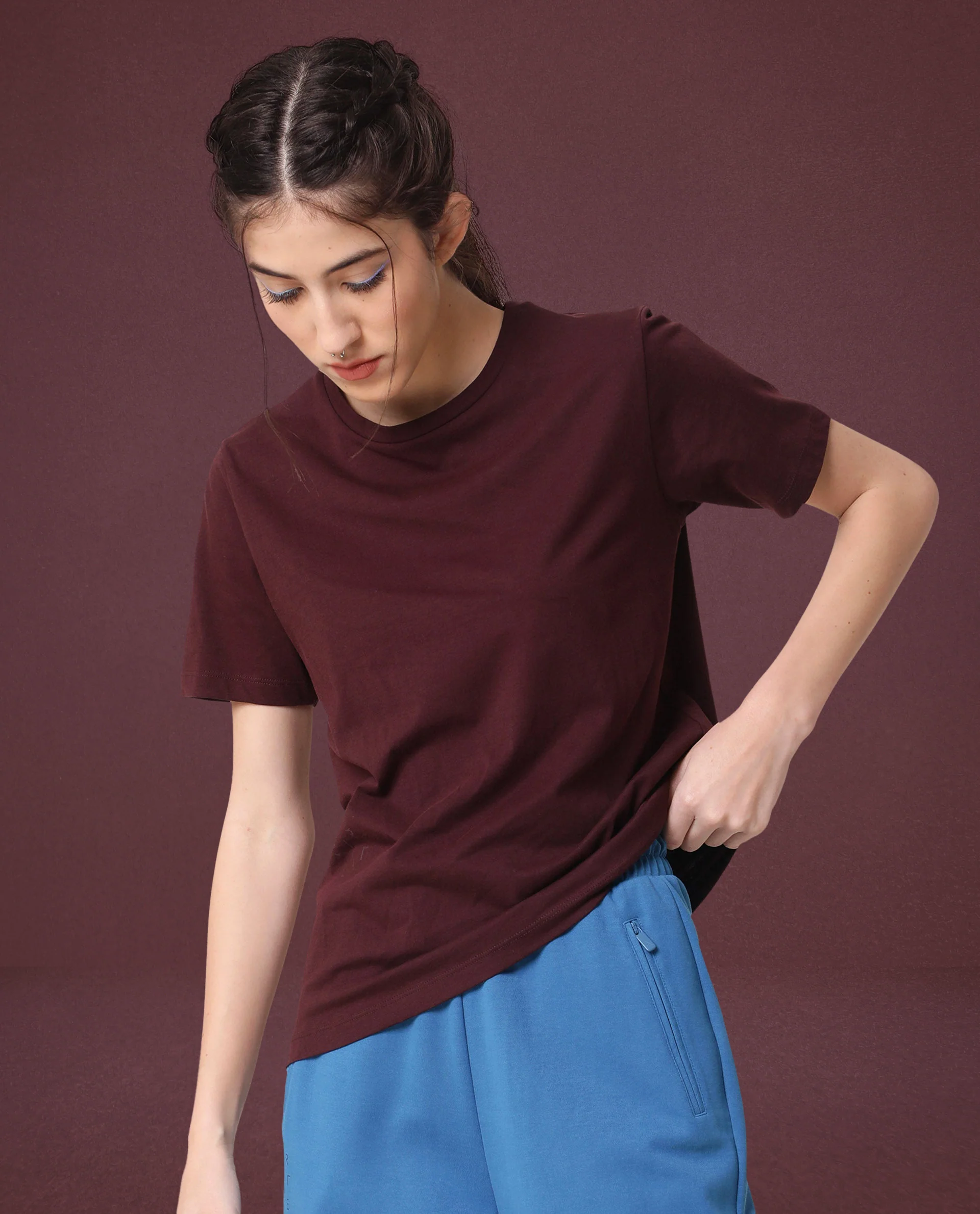 Rareism Women's Light Weight High Stretch 180 Gsm Cotton Crew Neck Plain Regular Fit T-Shirt
