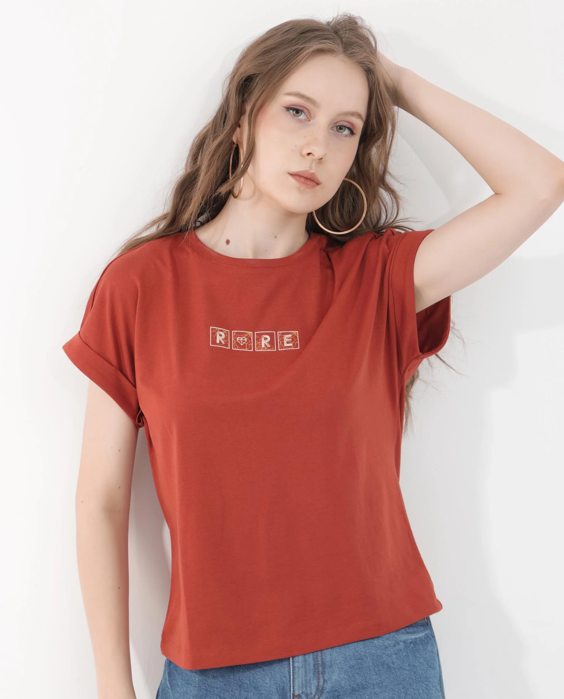 Rareism Women's Alexy Rust Cotton Blend Crew Neck Graphic Print Extended Sleeves Regular Fit T-Shirt