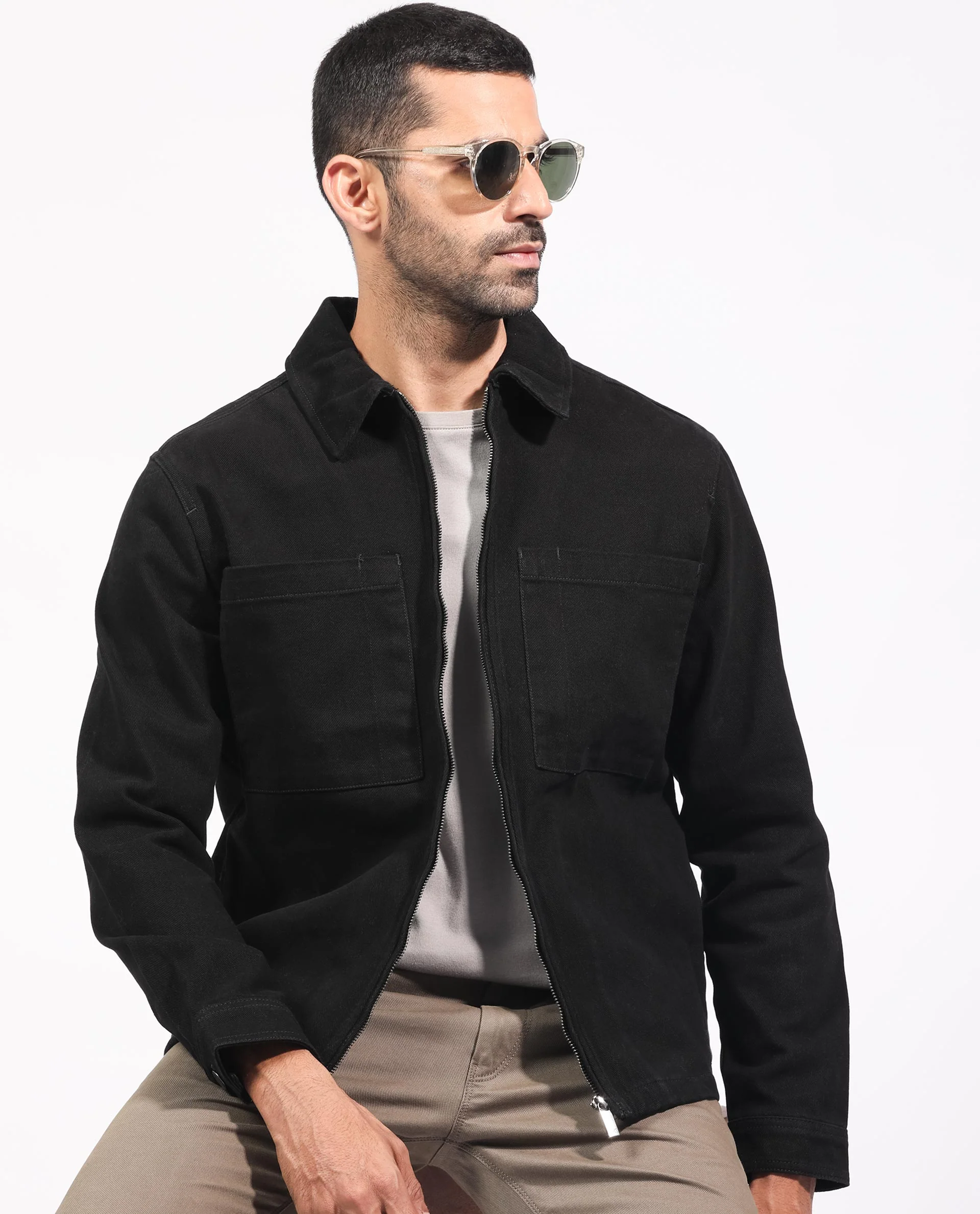 Rare Rabbit Men's Alfero Black Cotton Plain Relaxed Fit Full Sleeve Collared Shacket