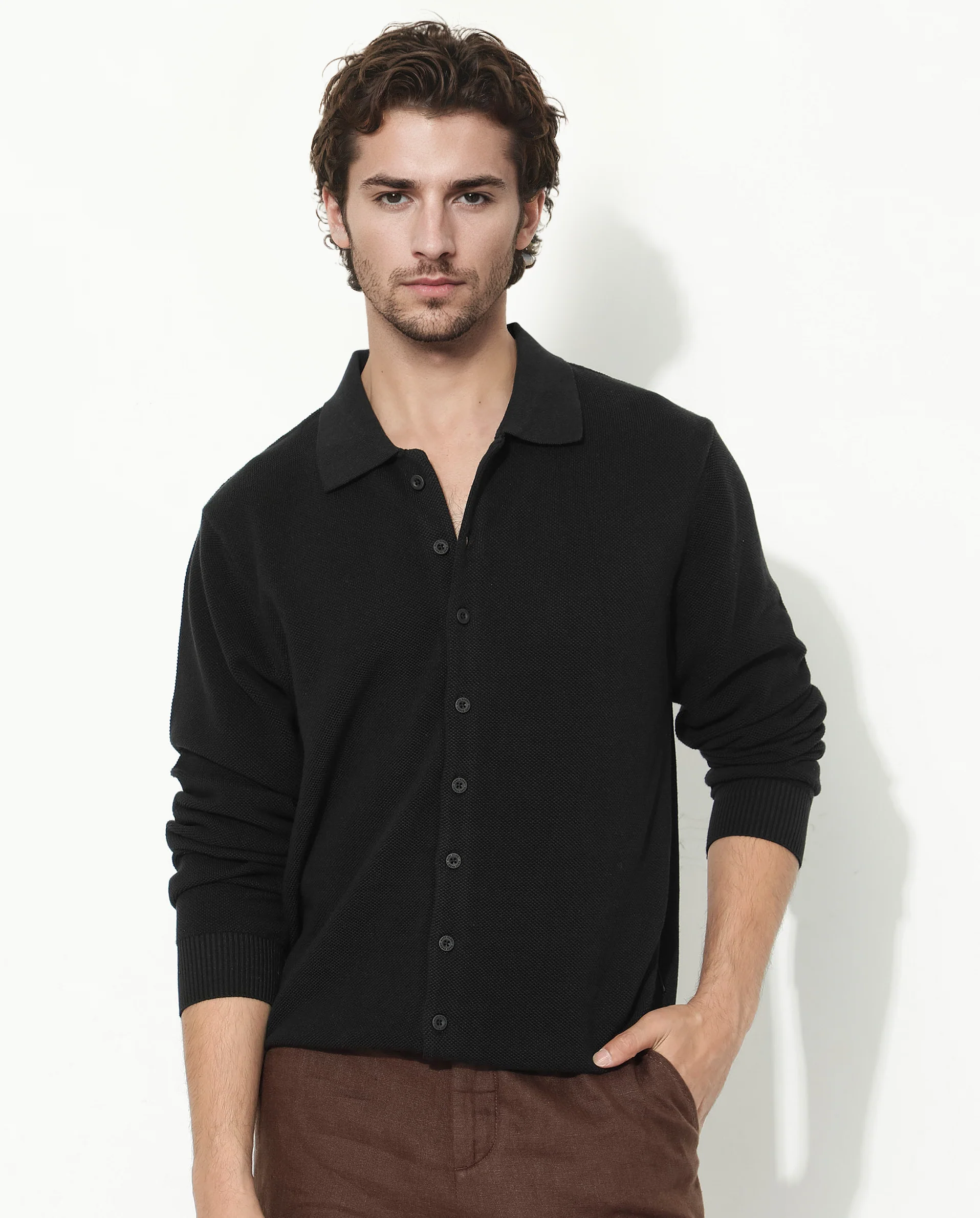 Rare Rabbit Men's Alias-N Black Cotton Plain Regular Fit Full Sleeve Collared Shirt