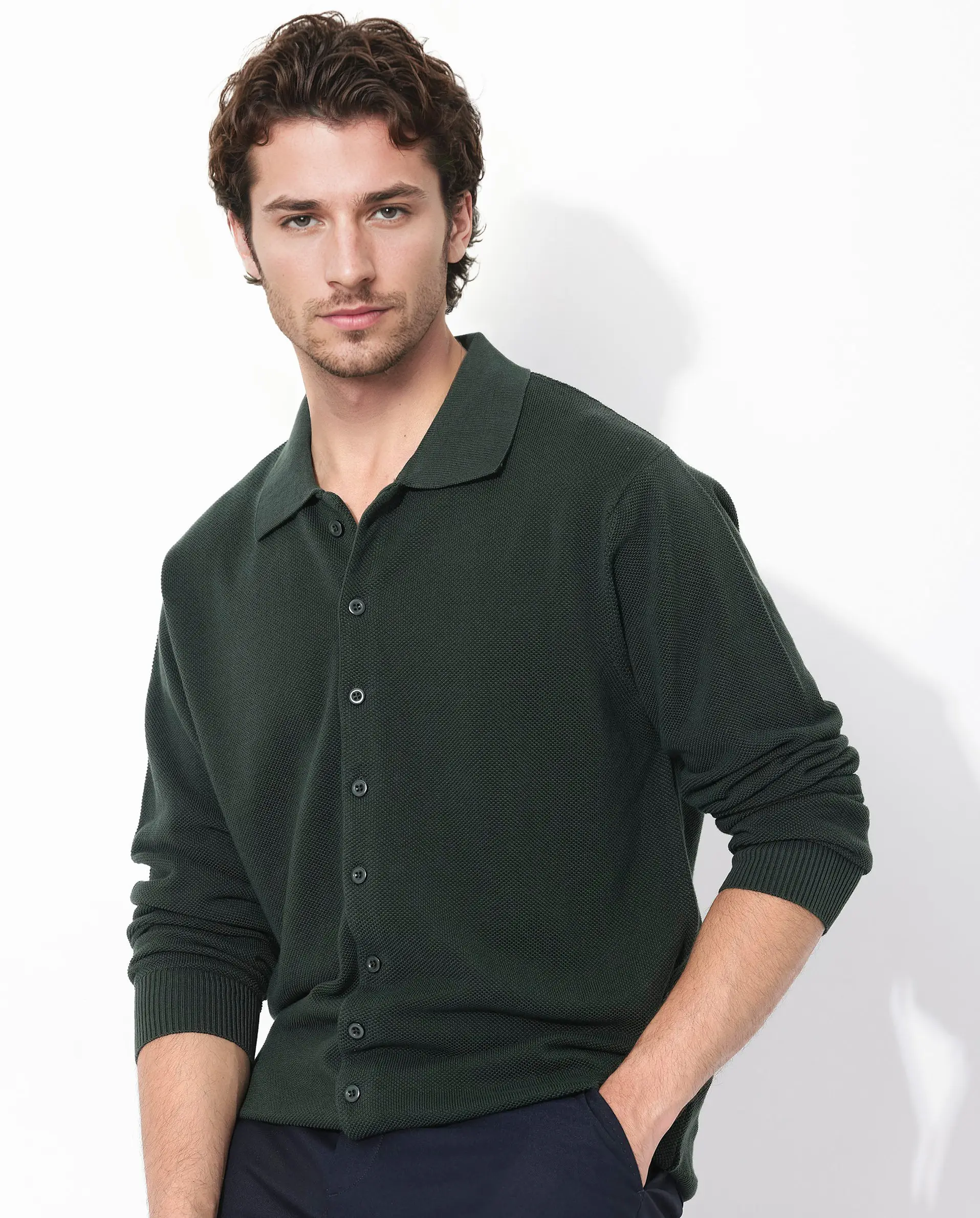 Rare Rabbit Men's Alias-N Dark Green Cotton Plain Regular Fit Full Sleeve Collared Shirt