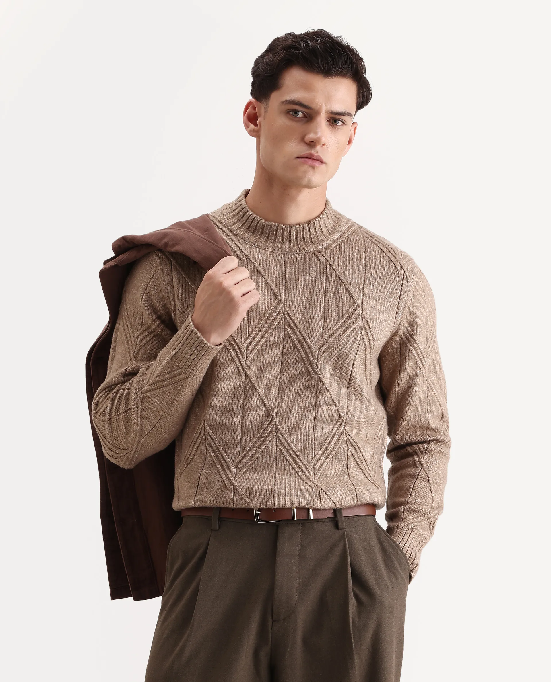 Rare Rabbit Men's Alli Dark Beige Polyester Plain Regular Fit Full Sleeve High Neck Sweater