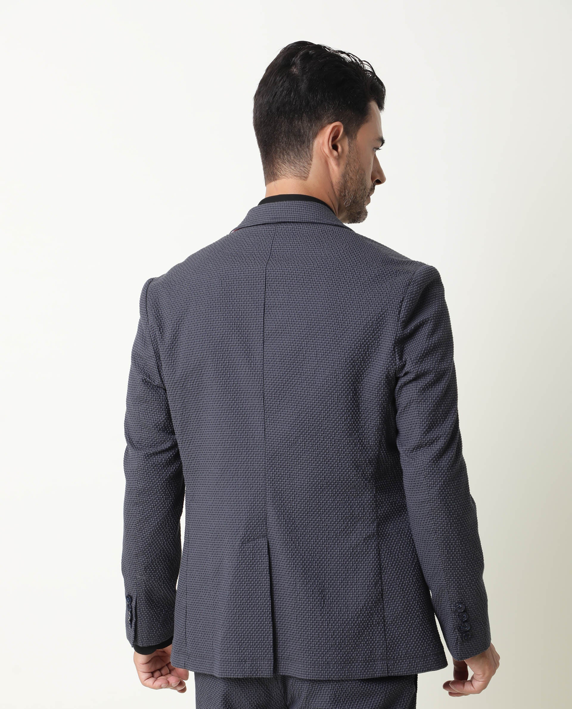 Rare Rabbit Men's Alps Navy Cotton Checked Print Tailored Fit Full Sleeve Lapel Neck Blazer - Image 6