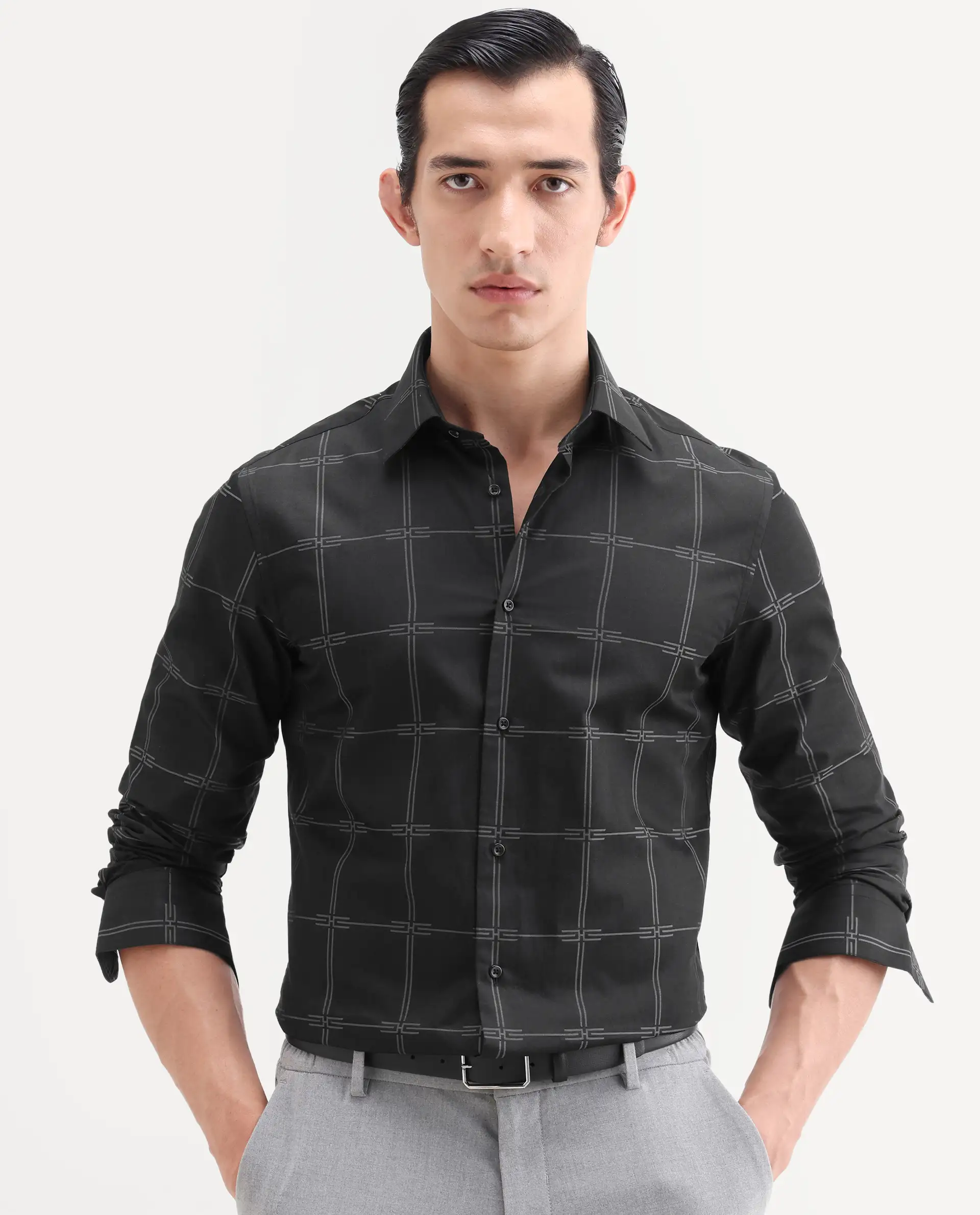 Rare Rabbit Men's Alte Black Cotton Fabric Full Sleeve Spread Collar Button Regular Checked Shirt