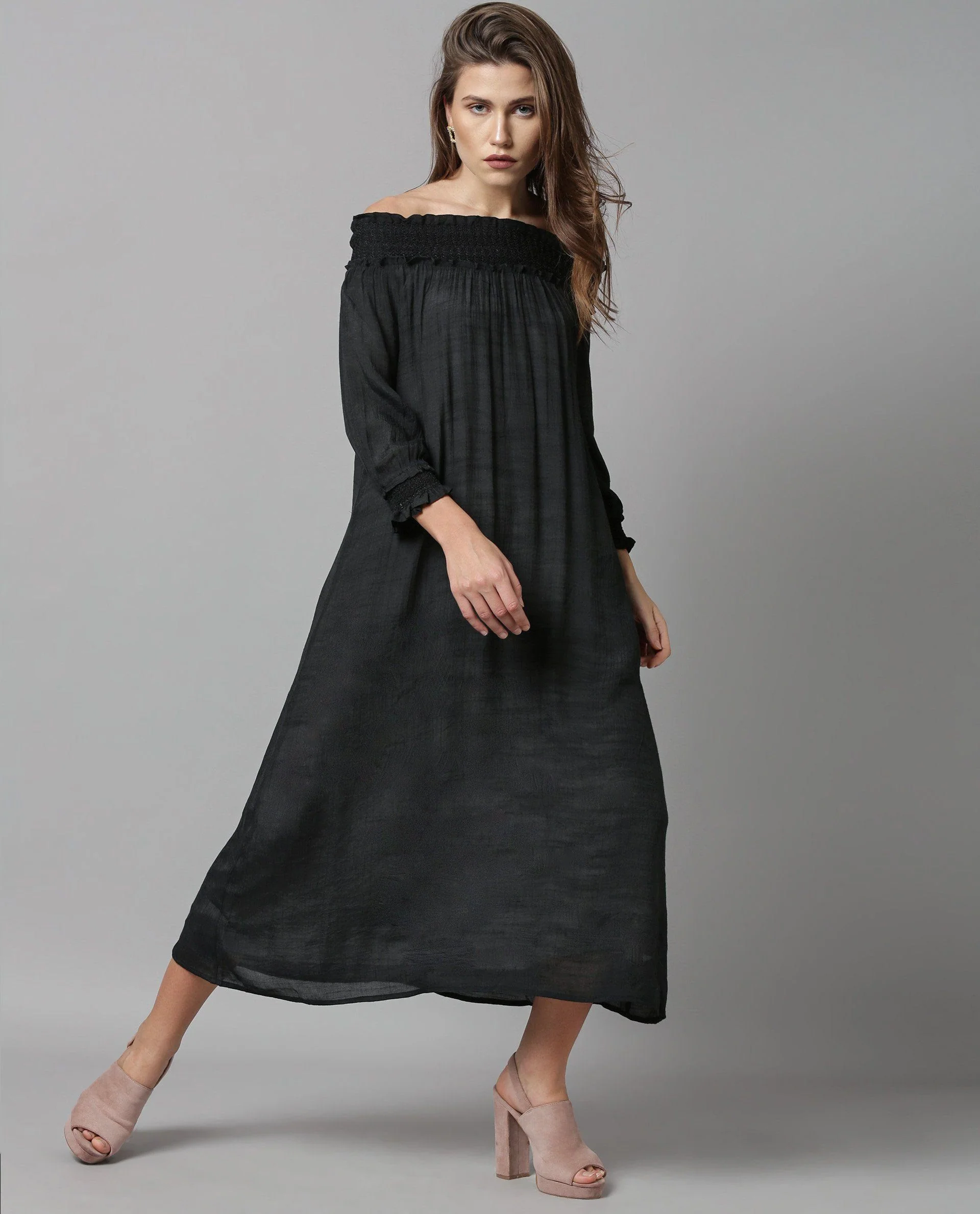 Rareism Women Amber Black Dress Short Sleeves
