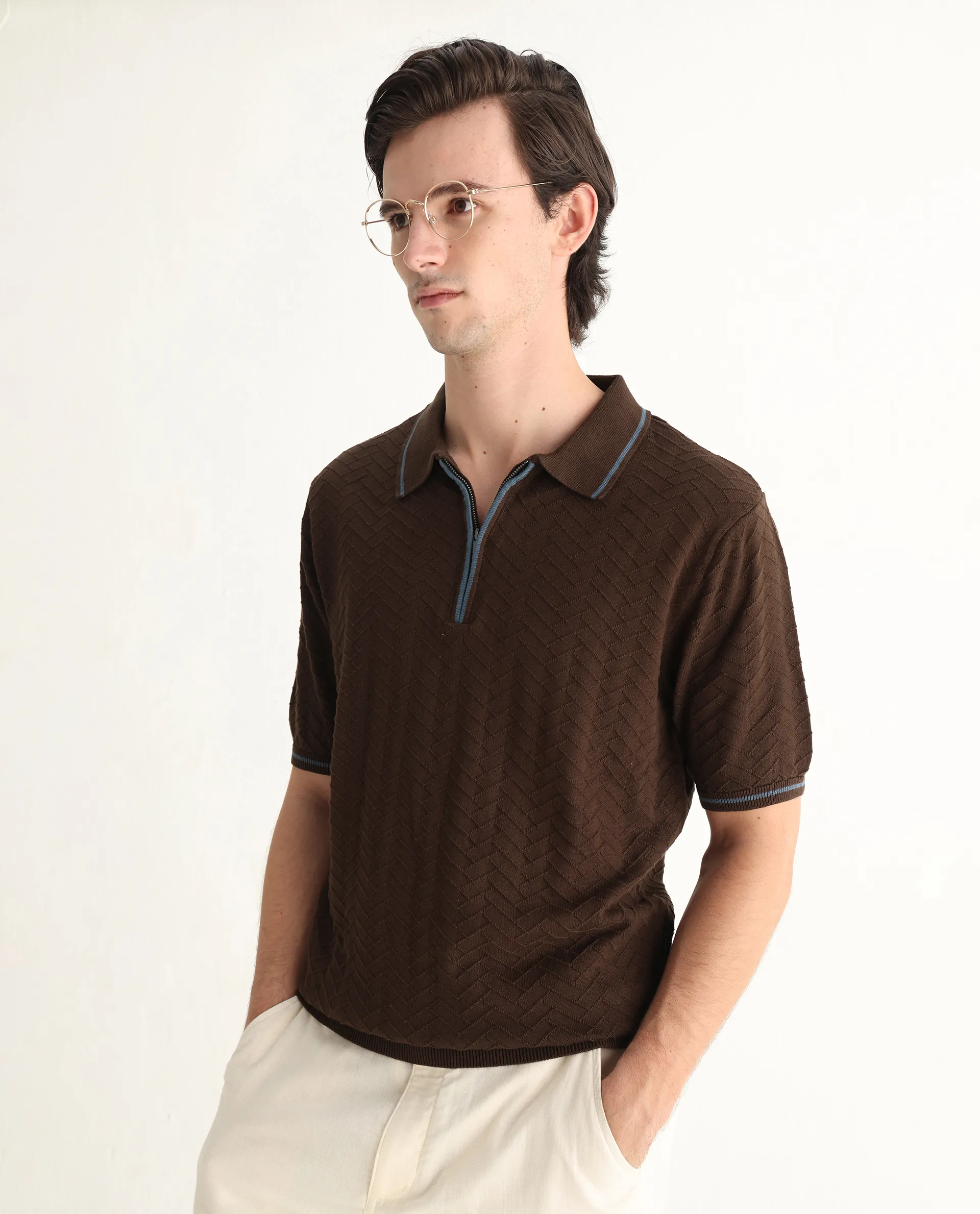Rare Rabbit Men's Amet Dark Brown Cotton Blend Textured Regular Fit Half Sleeve Polo
