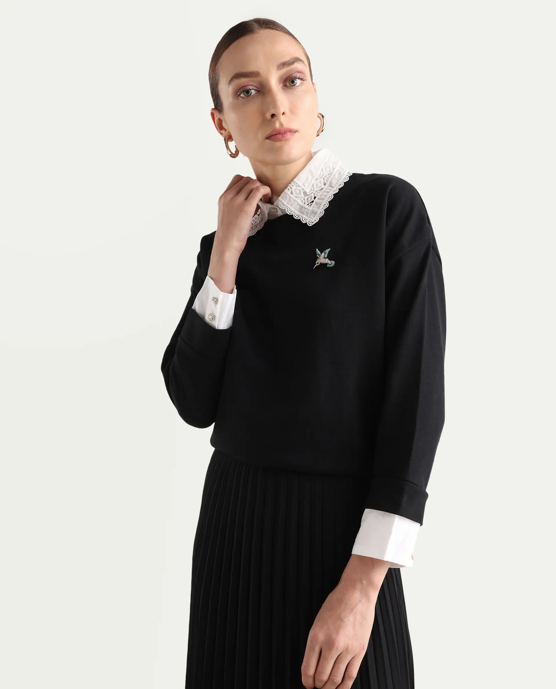 Rareism Women's Cotton Blend Spread Collar Dyed Relaxed Fit Sweatshirt