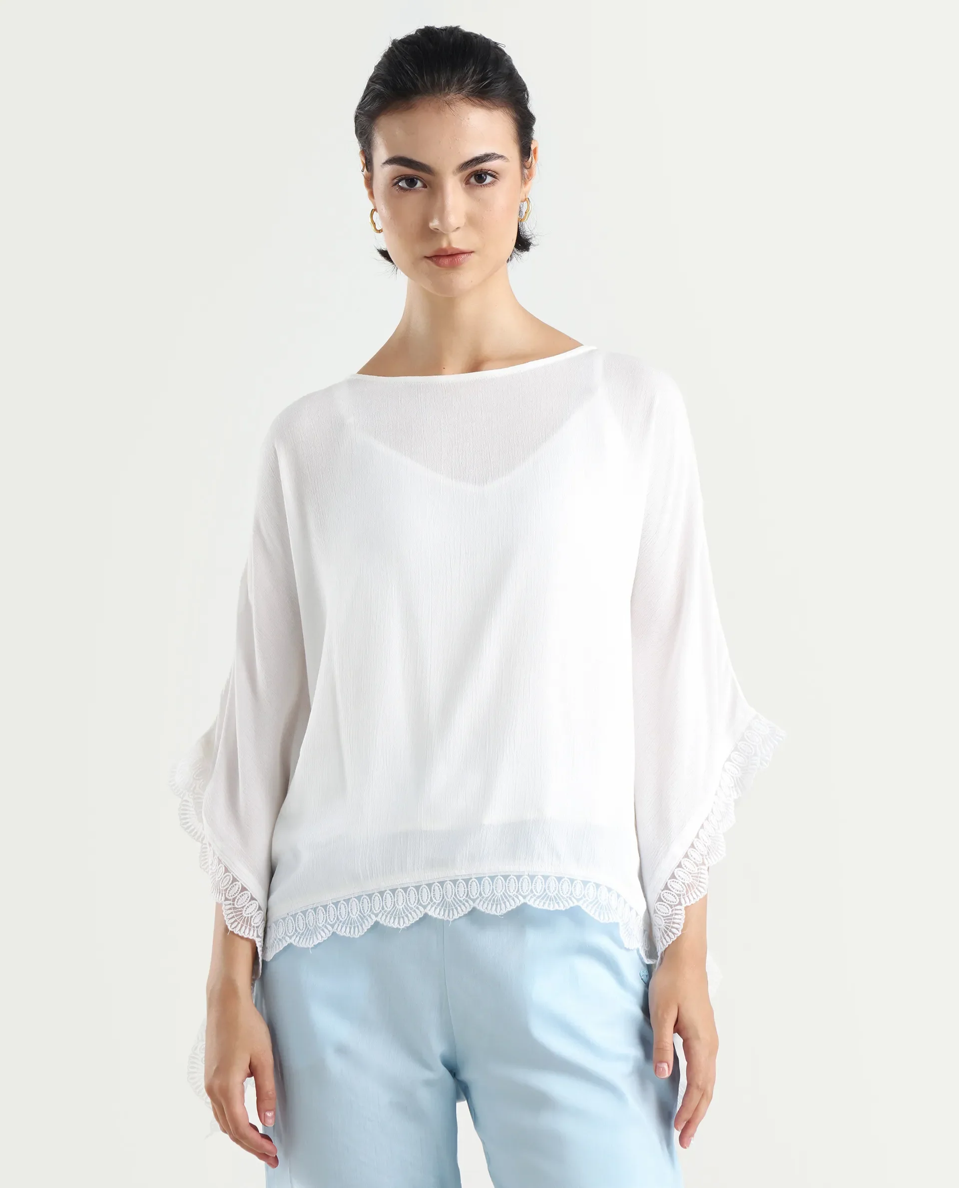 Rareism Women's Ancona White Rayon Boat Neck Plain Kimono Sleeve Relaxed Fit Top
