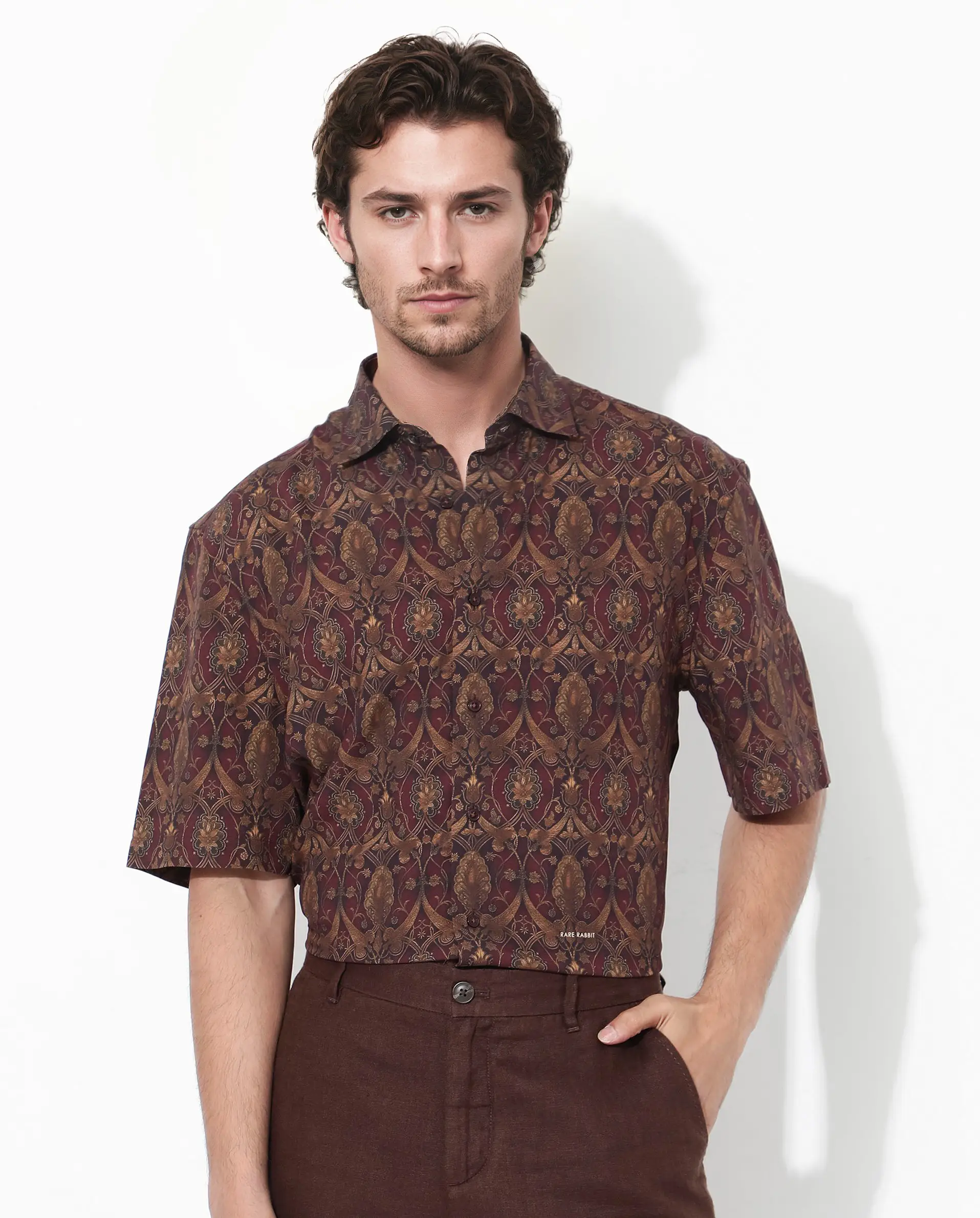Rare Rabbit Men's Andin Brown Viscose Floral Print Boxy Fit Half Sleeve Collared Shirt