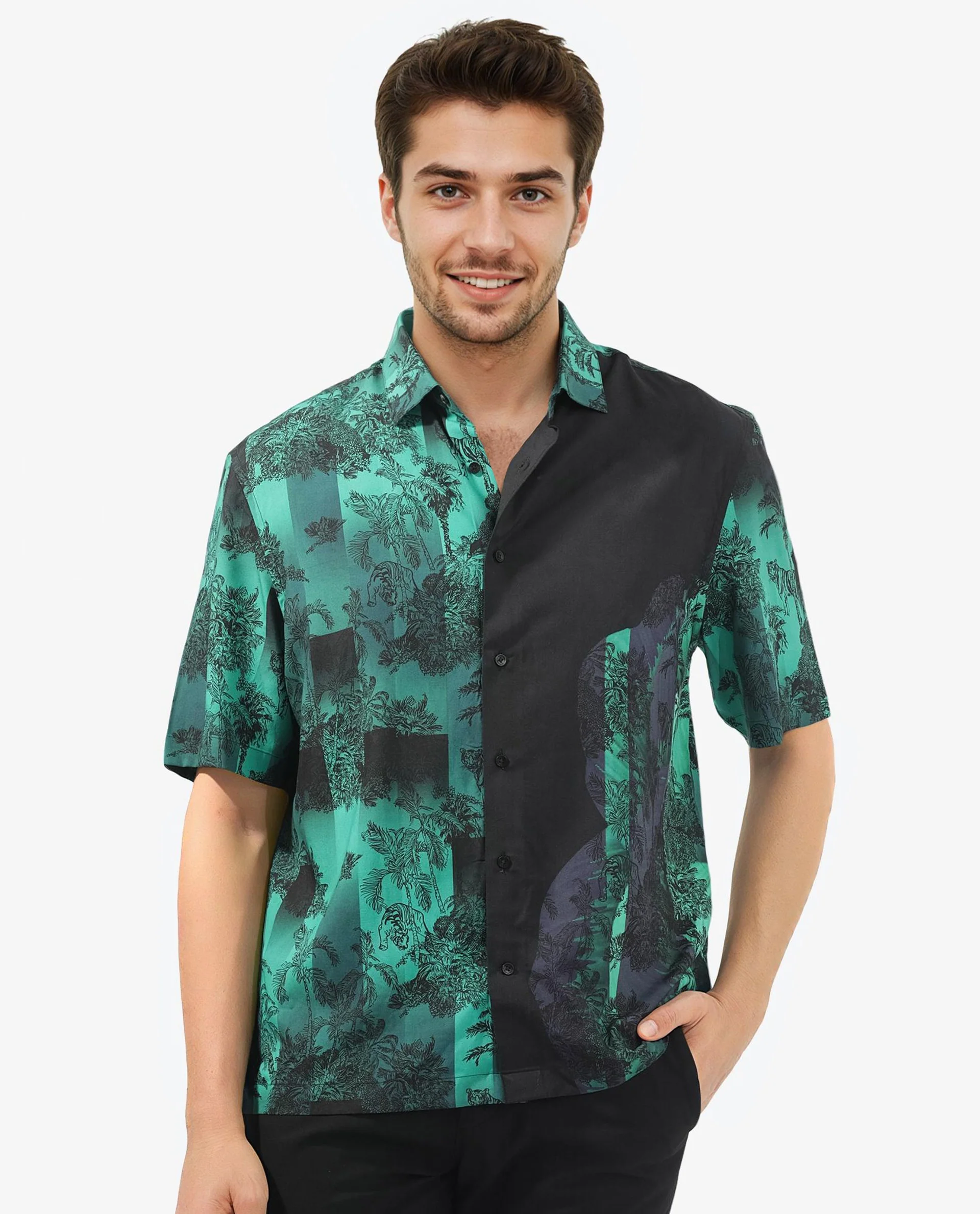 Rare Rabbit Articale Men's Andre Green Collared Neck Abstract Print Slim Fit Shirt