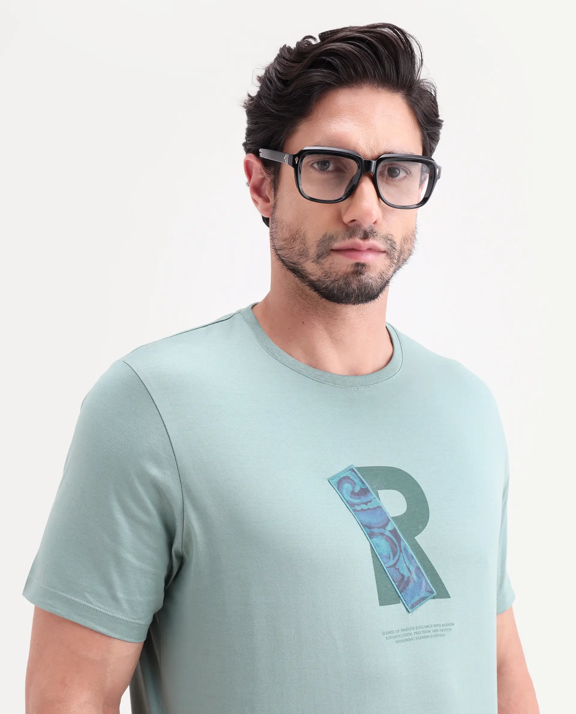 Rare Rabbit Men's Apli Dusky Green Cotton Fabric Half Sleeve Crew Neck Regular Fit Graphic Print T-Shirt