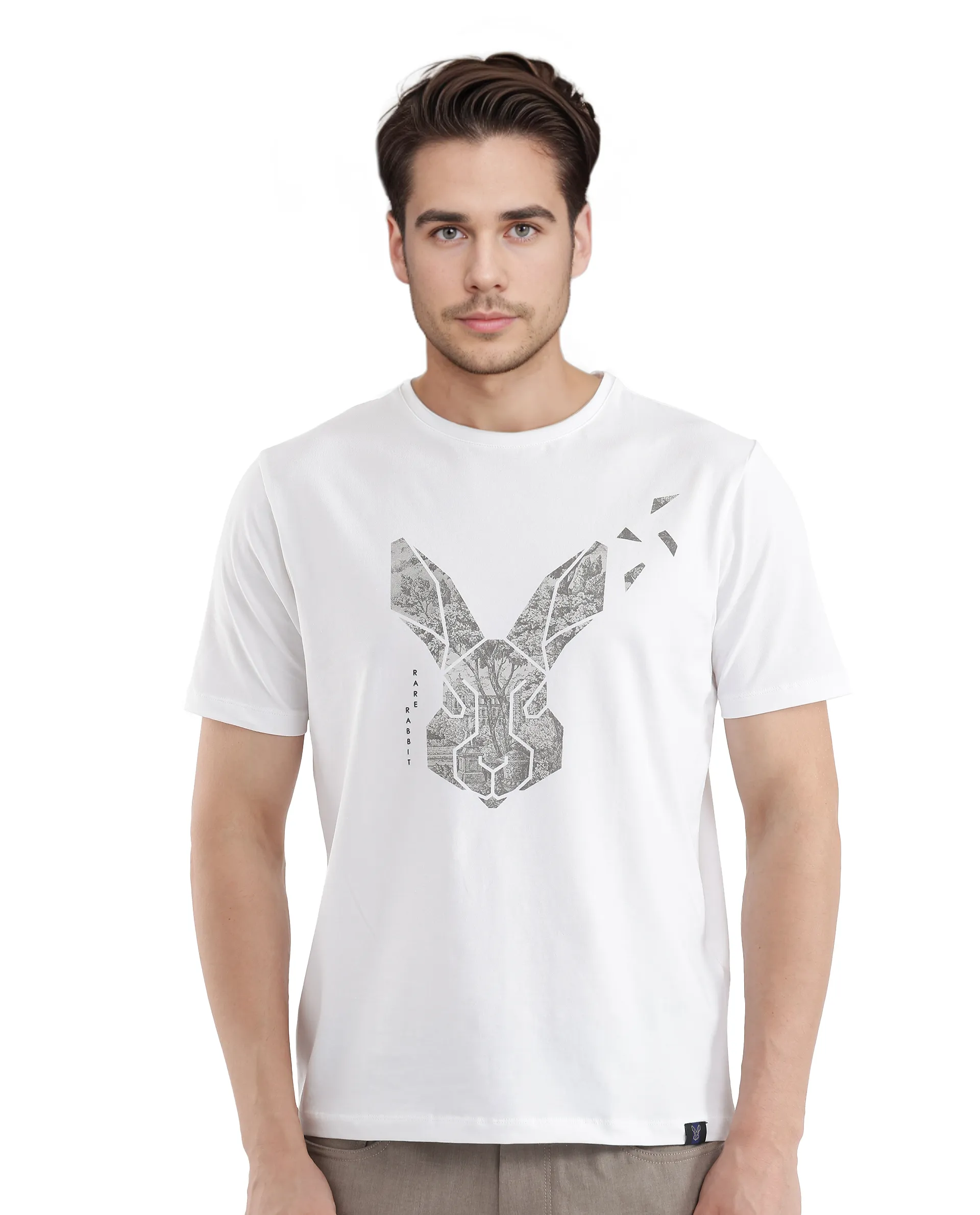Rare Rabbit Men's Arbor-1 White Cotton Graphic Print Regular Fit Half Sleeve Crew Neck T-Shirt
