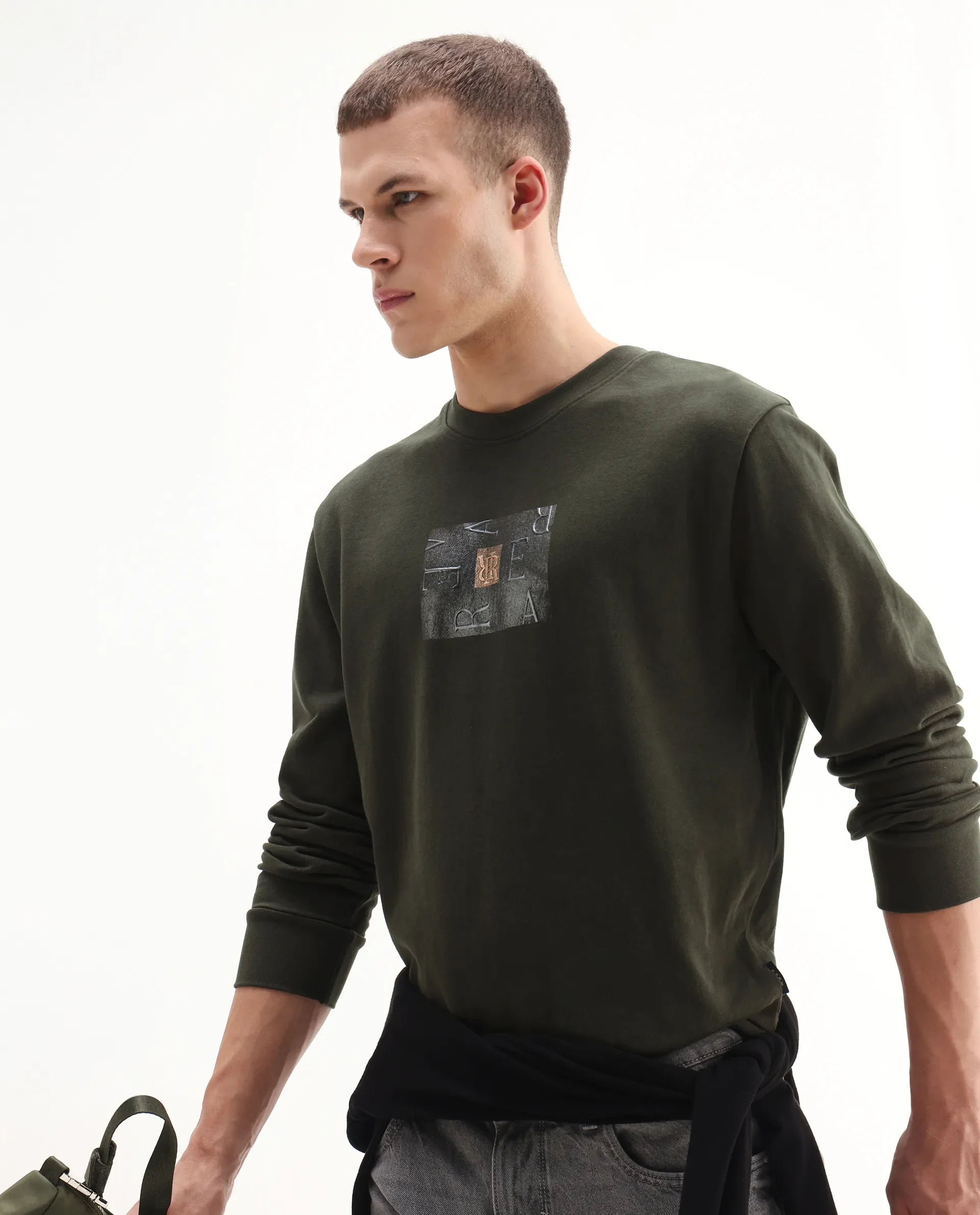 Rare Rabbit Men's Arion Dark Olive Rayon Blend Hd Print Relaxed Fit Full Sleeve Crew Neck Sweatshirt