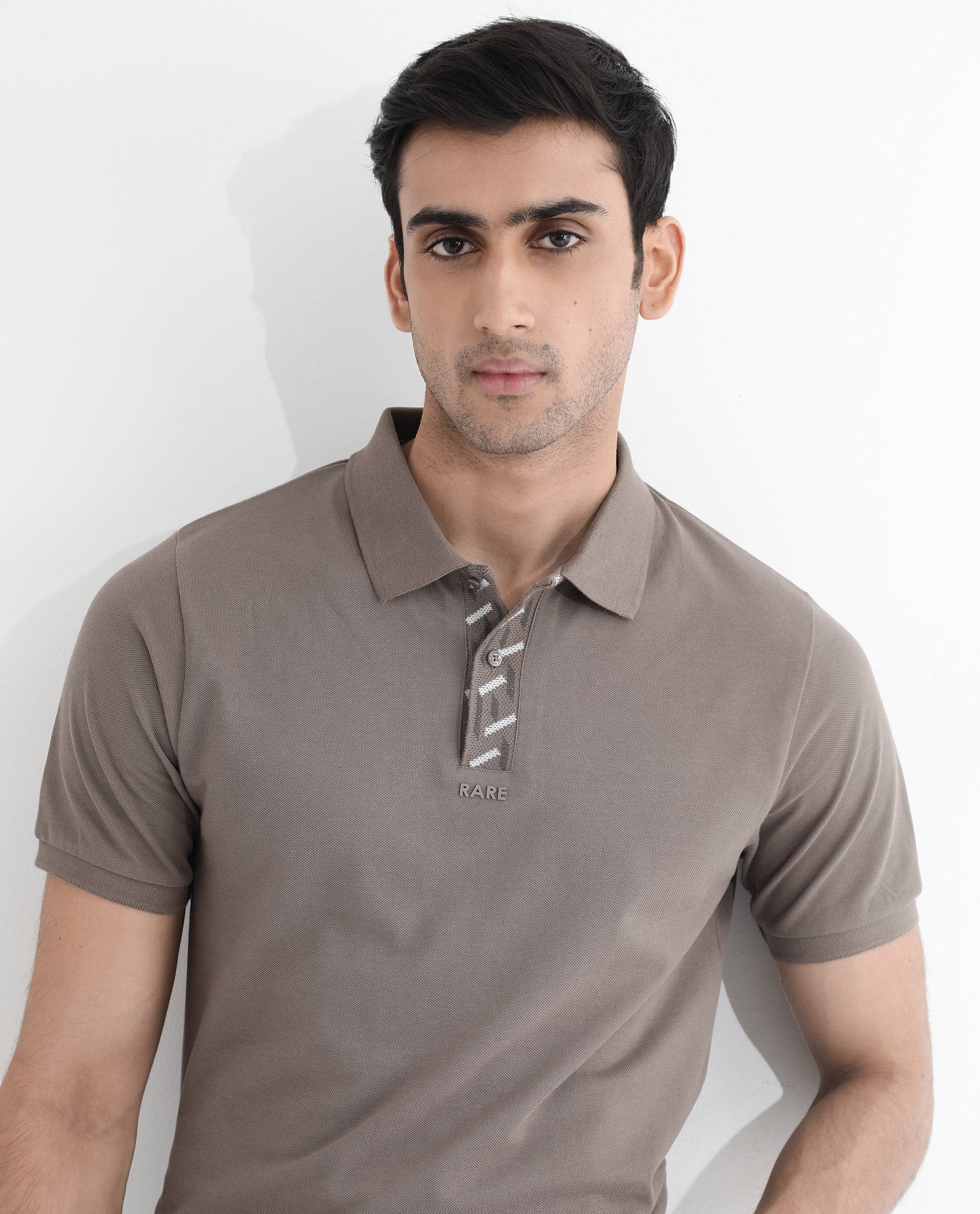Rare Rabbit Men's Ark Dark Beige Cotton Plain Regular Fit Half Sleeve Polo