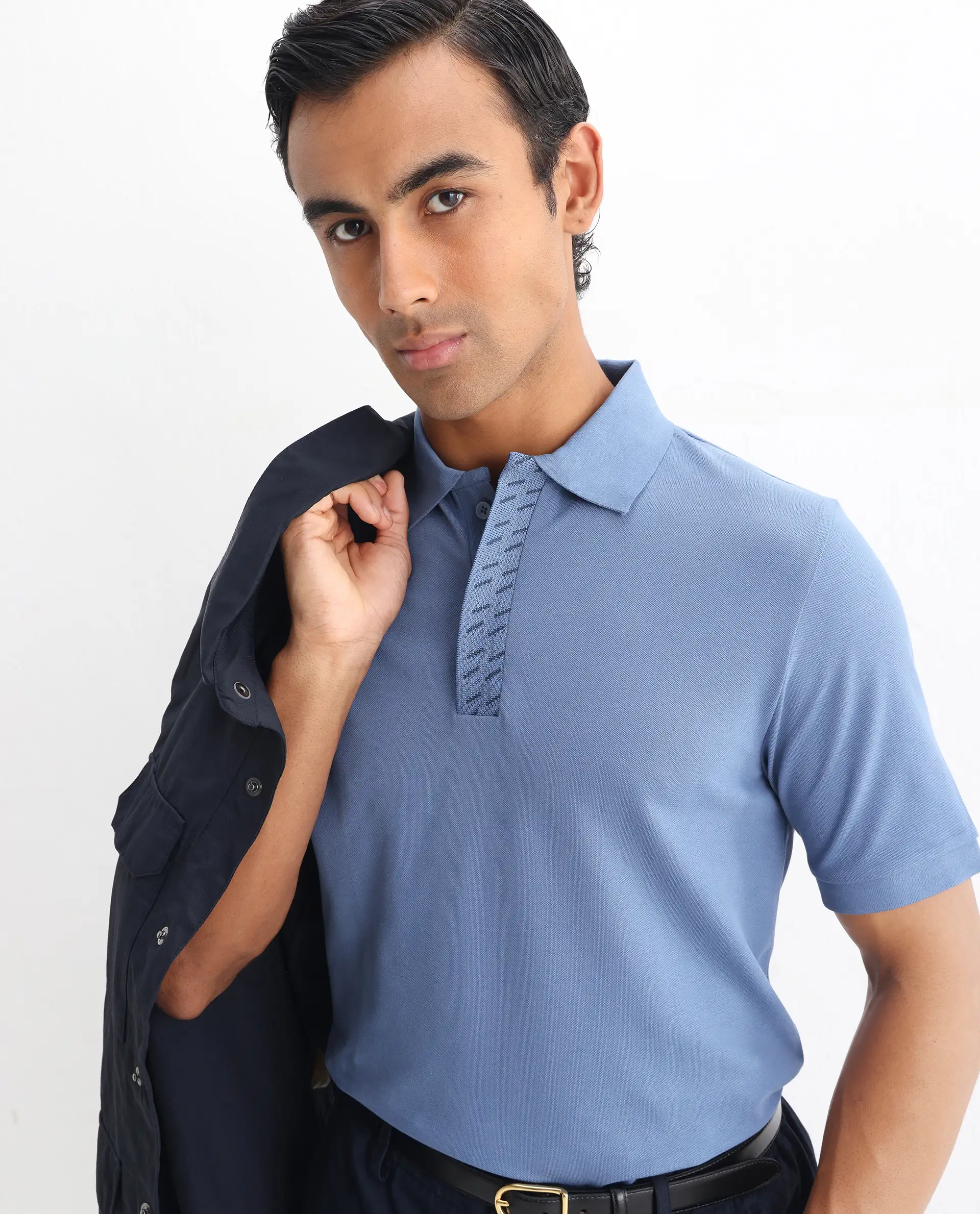 Rare Rabbit Men's Arko Blue Cotton Blend Plain Regular Fit Half Sleeve Polo