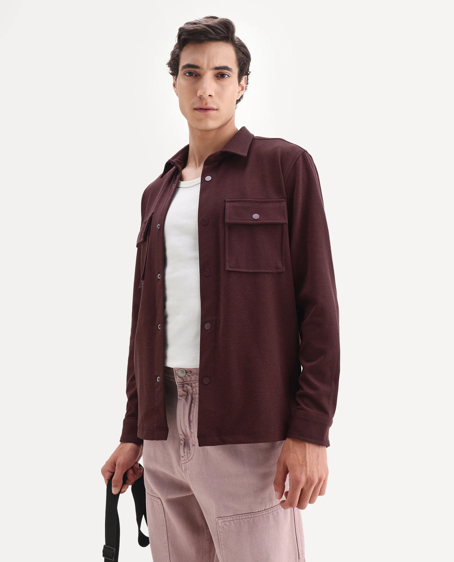 Rare Rabbit Men's Arlington-25 Dark Red Polyester Blend Fabric Collared Neck Regular Fit Plain Jacket