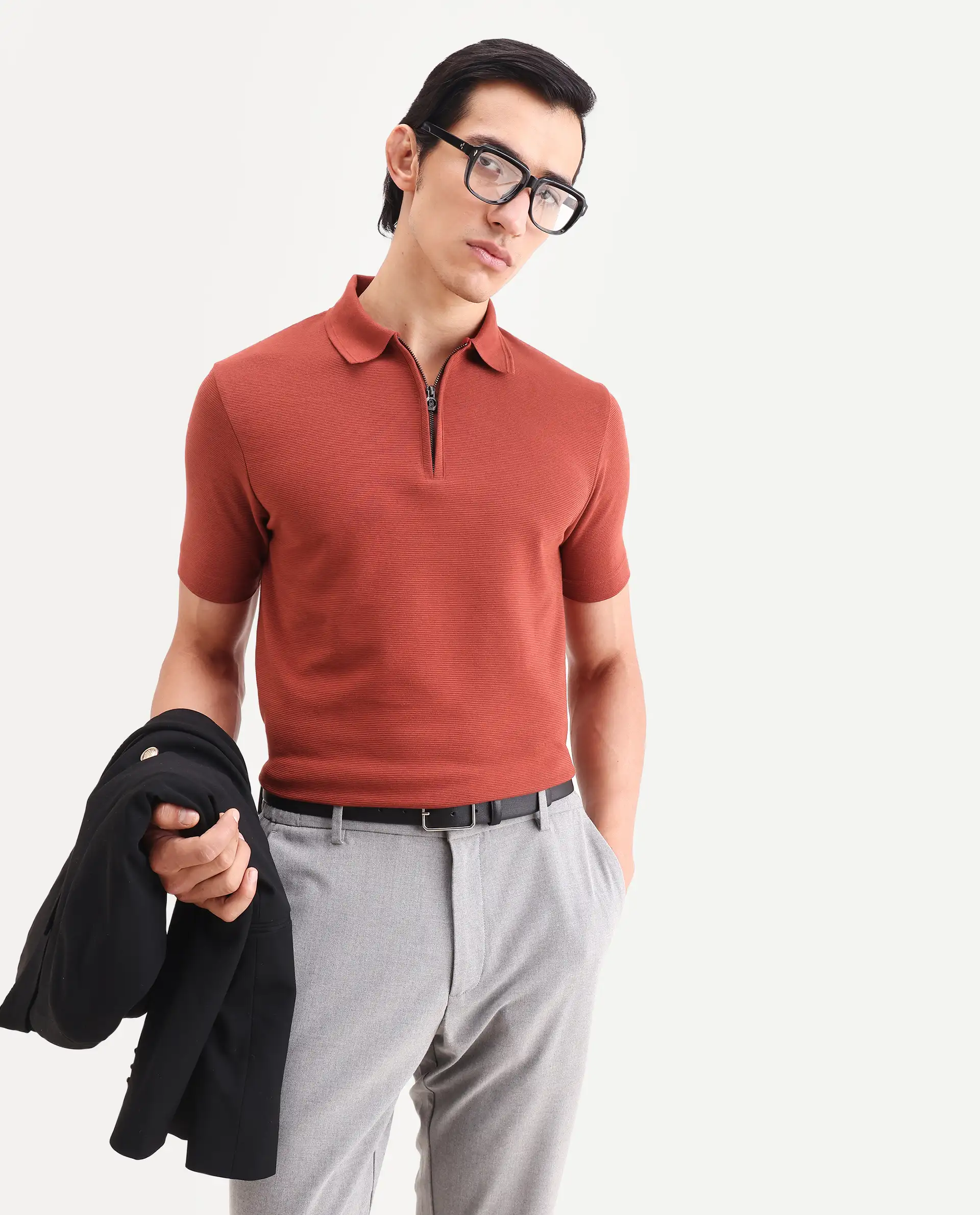 Rare Rabbit Men's Arp Rust Cotton Blend Fabric Half Sleeve Spread Collar Regular Fit Plain Polo