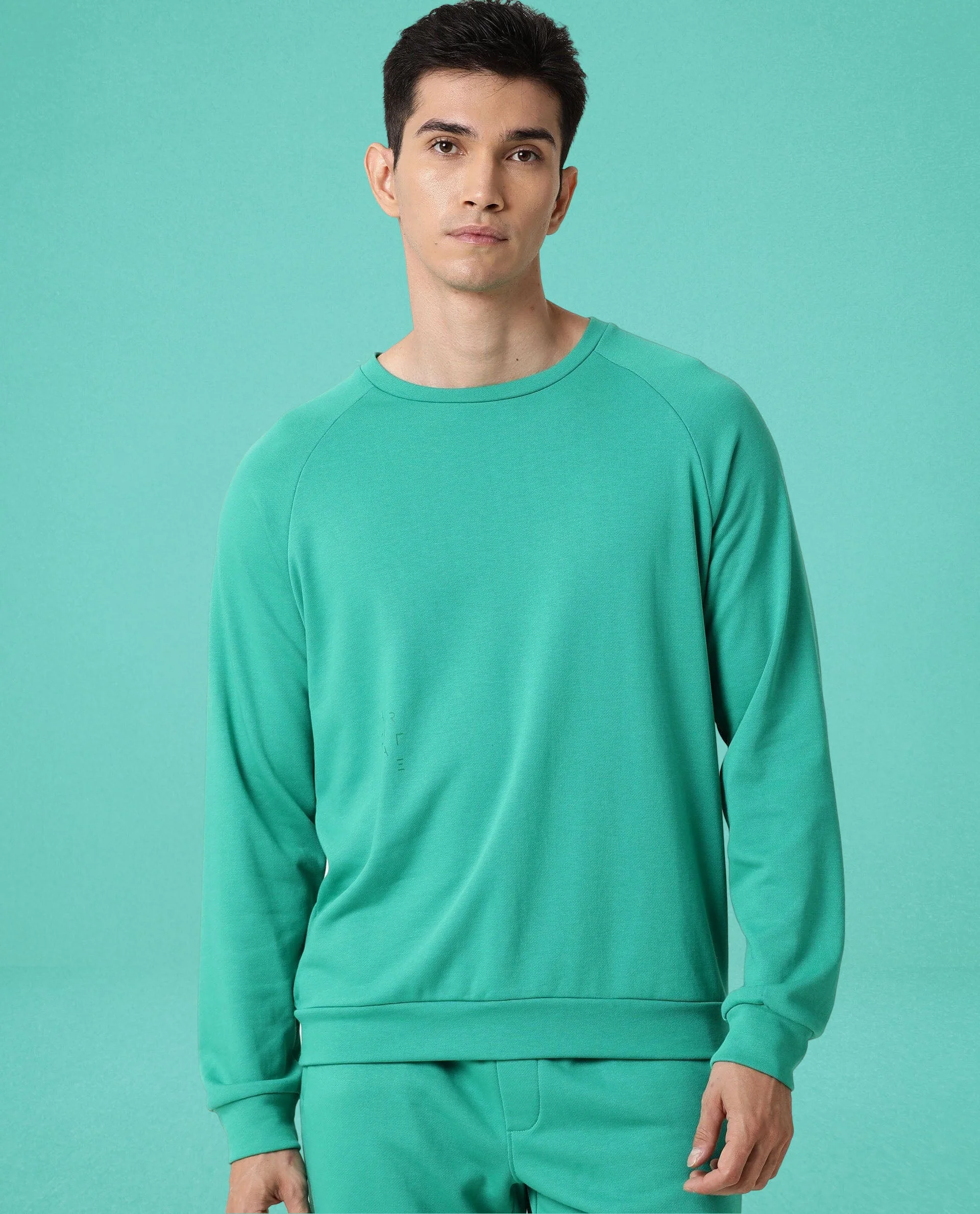 Rare Rabbit Articale Men's Arum Emerald Green Cotton Fabric Full Sleeves Solid Sweatshirt