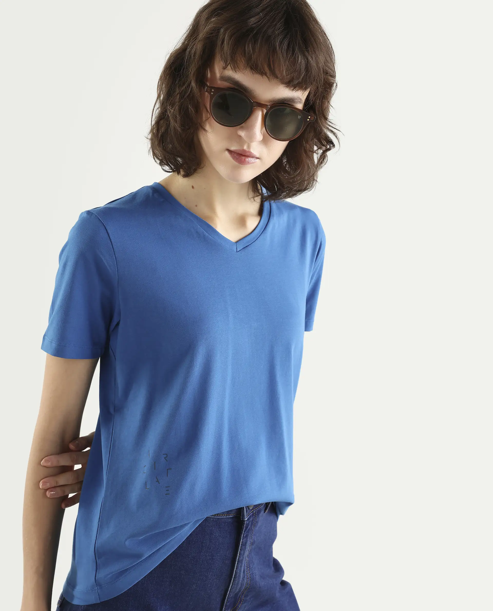 Rareism Women's Light Weight High Stretch 180 Gsm Cotton V-Neck Plain Regular Fit T-Shirt