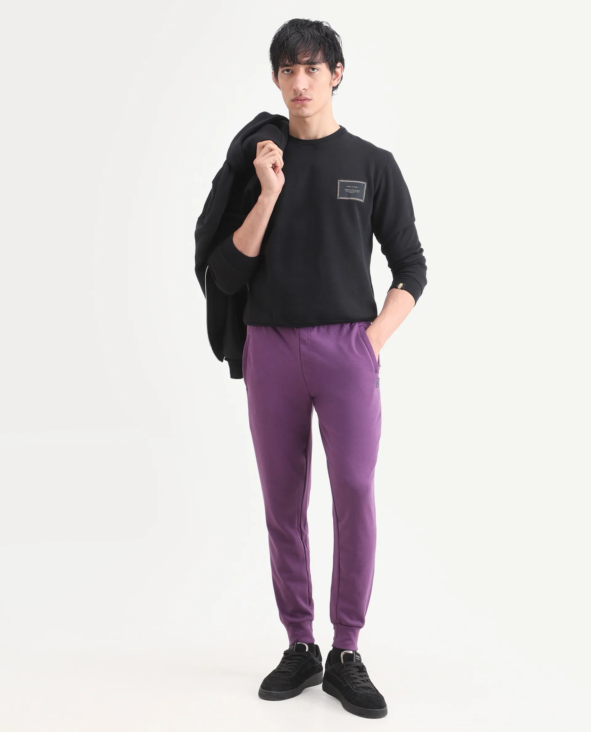 Rare Rabbit Men's Arvon Purple Cotton Plain Slim Fit Joggers