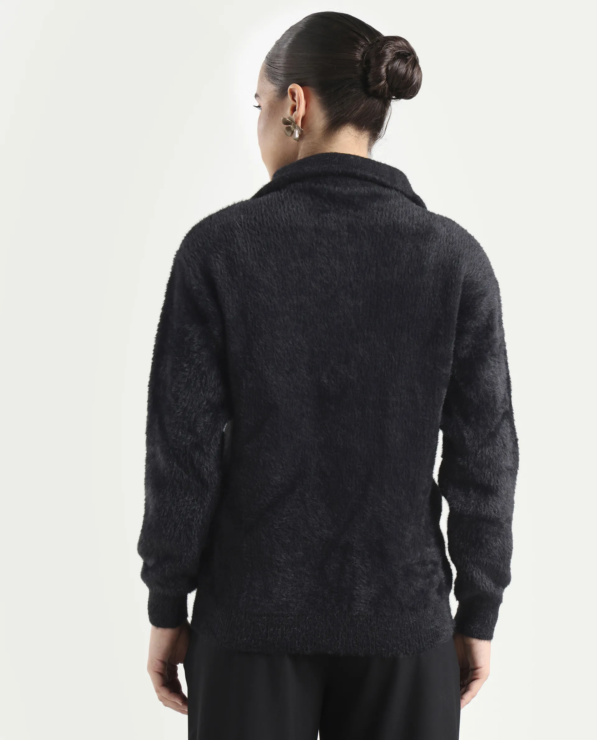 Rareism Women's Asser Black Nylon Drop Collar Plain Relaxed Fit Sweater - Image 7