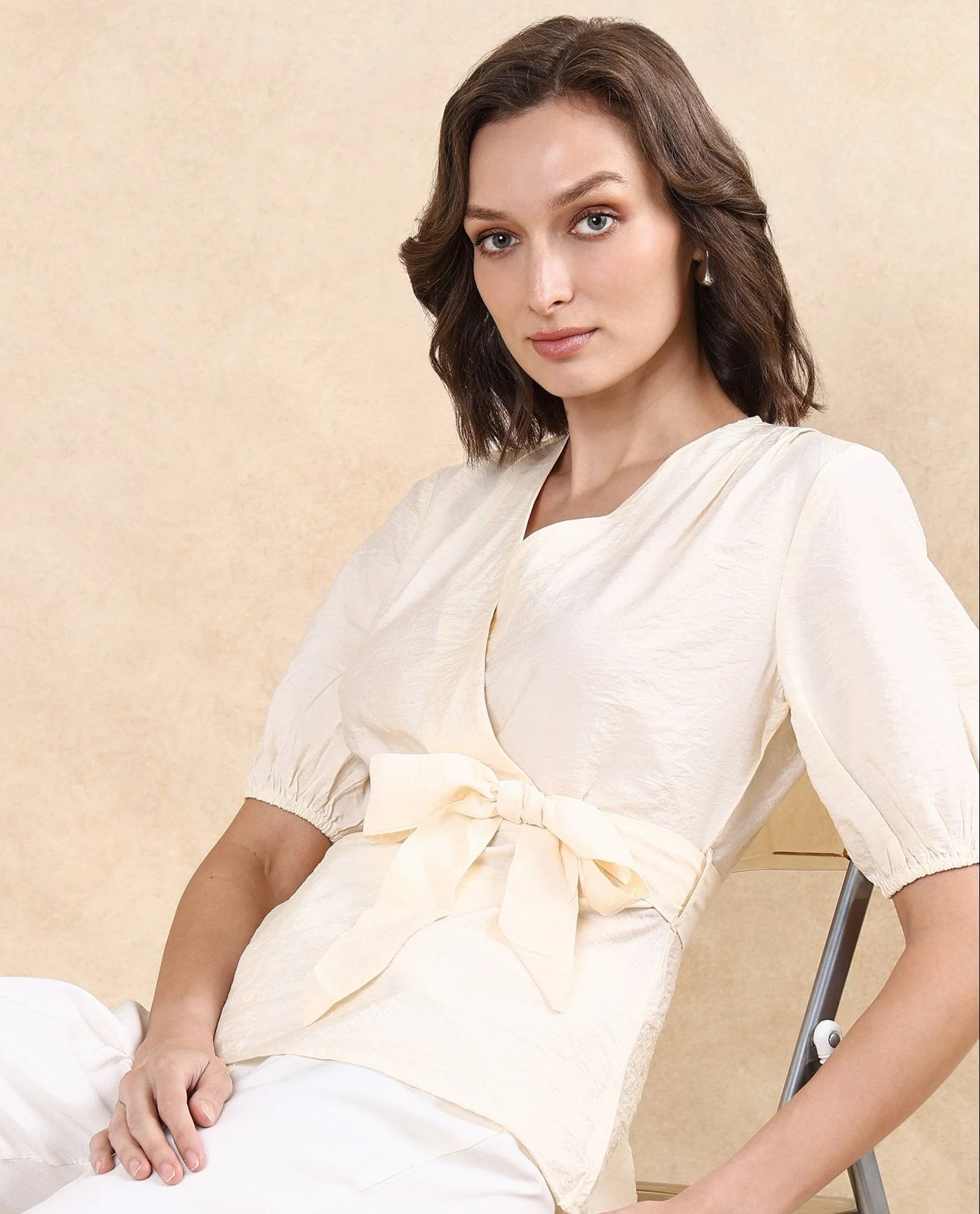 Rareism Women's Astina Light Beige Nylon Blend Overlap Neck Plain Puff Sleeves Regular Fit Top