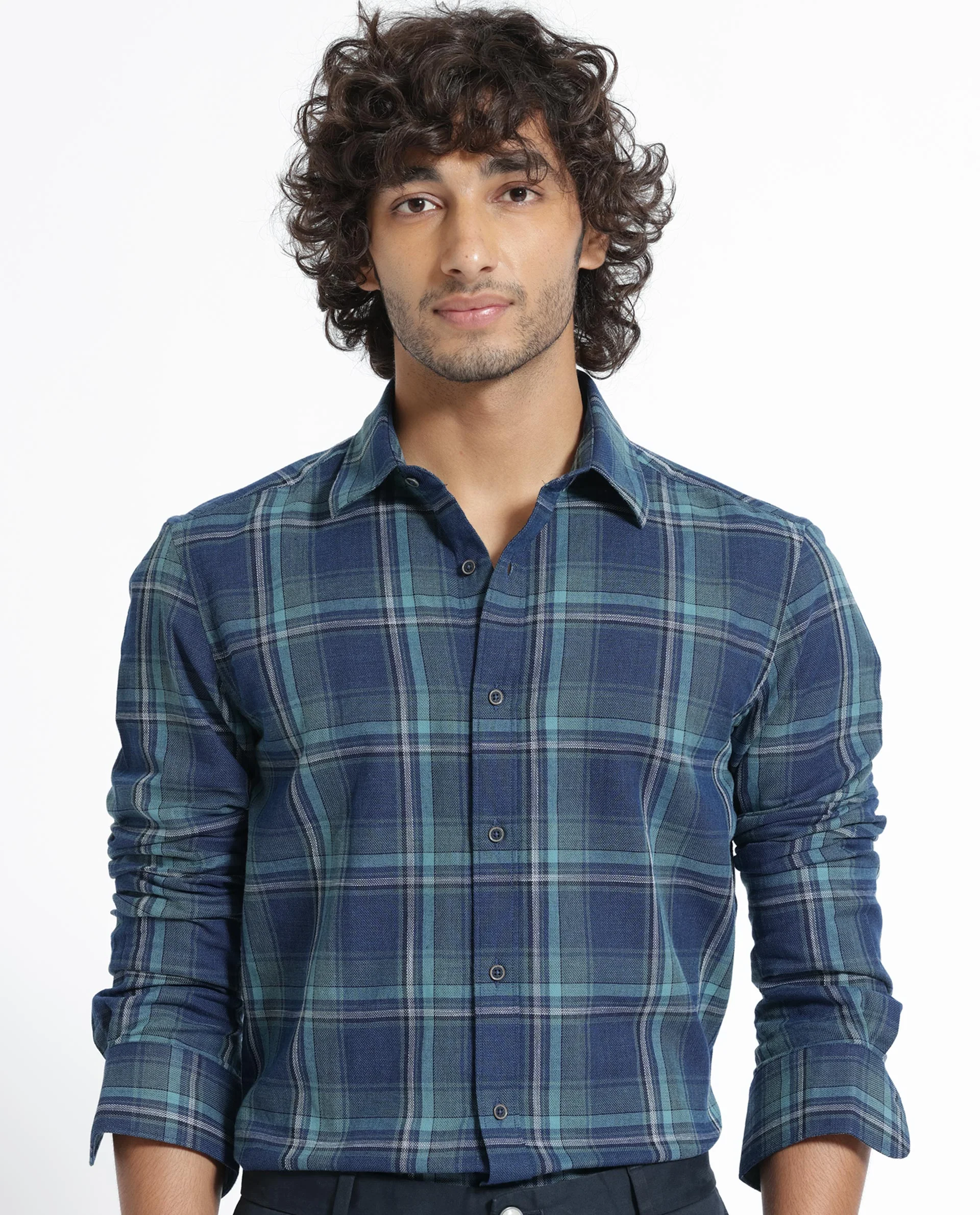 Rare Rabbit Men's Astl Blue Cotton Checked Print Regular Fit Full Sleeve Collared Shirt