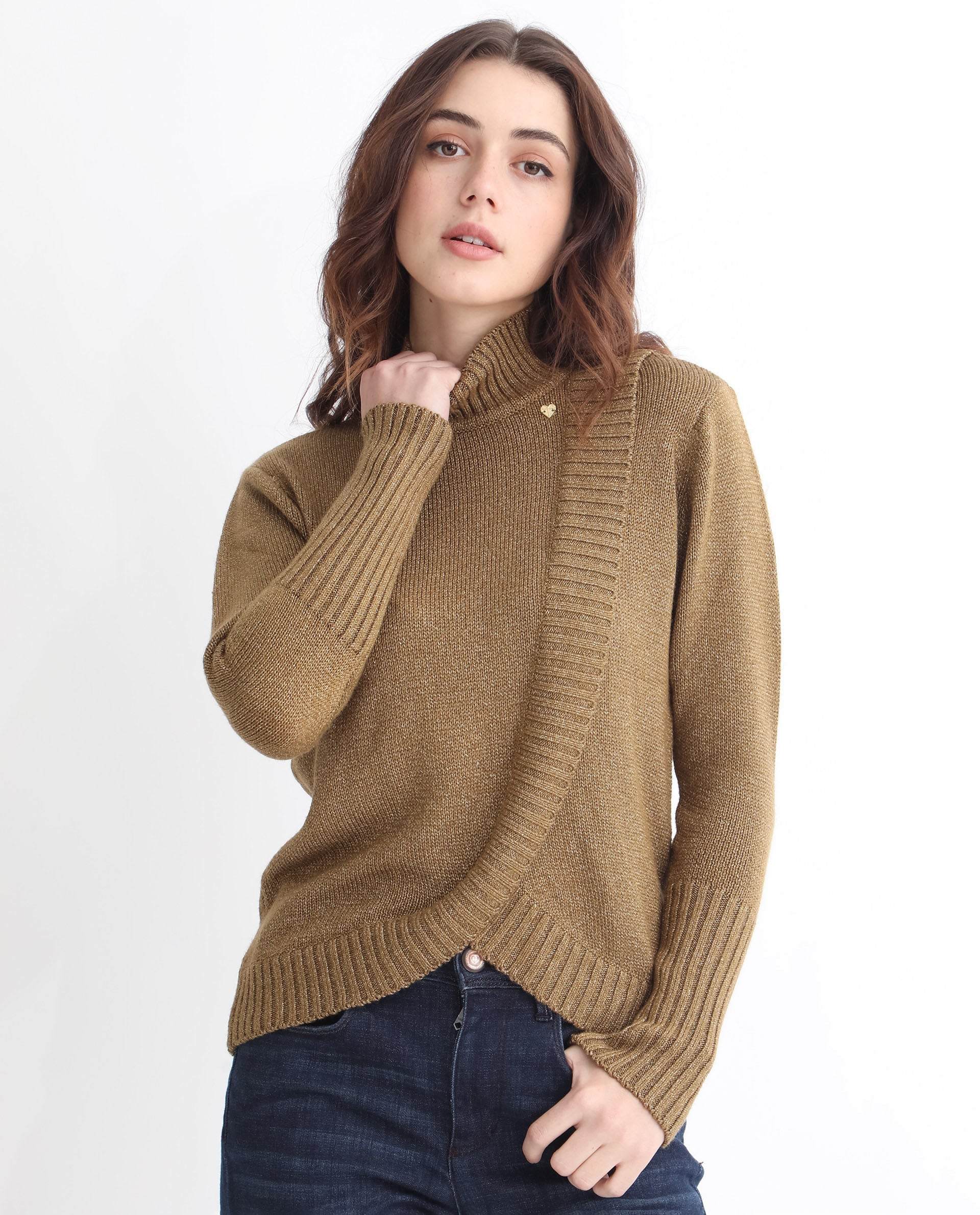 Rareism Women's Austern Gold Acrylic Turtle Neck Plain Knee Length Regular Fit Sweater