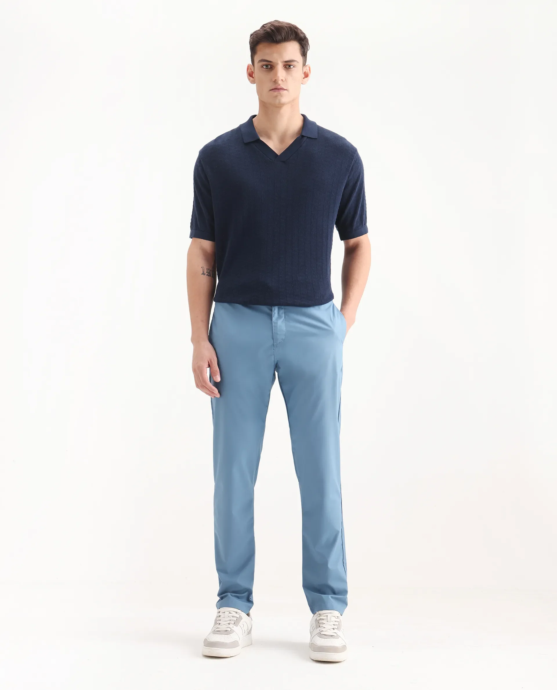 Rare Rabbit Men's Aux Blue Polyester Plain Regular Fit Trouser - Image 4