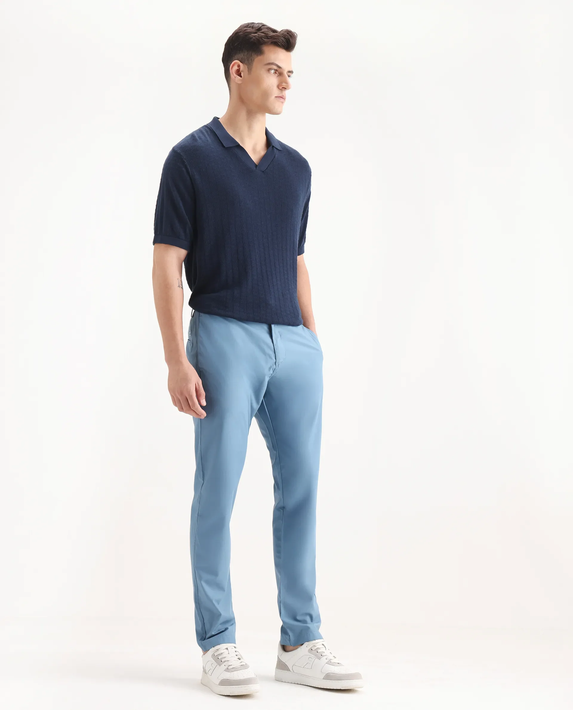Rare Rabbit Men's Aux Blue Polyester Plain Regular Fit Trouser - Image 6