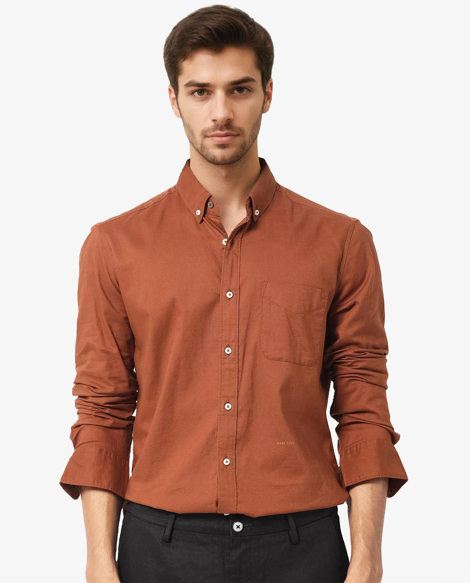 Rare Rabbit Men's Auxfo Brown Cotton Plain Regular Fit Full Sleeve Button-Down Collar Shirt